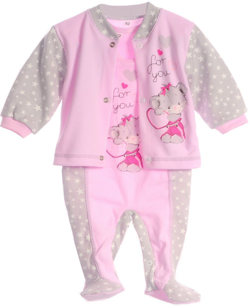 La Bortini Strampler Stramplerhose Hemdchen Set Baby Anzug in Rosa mit Sternchen aus reiner Buamwolle, mit Maus, 44 50 56 62