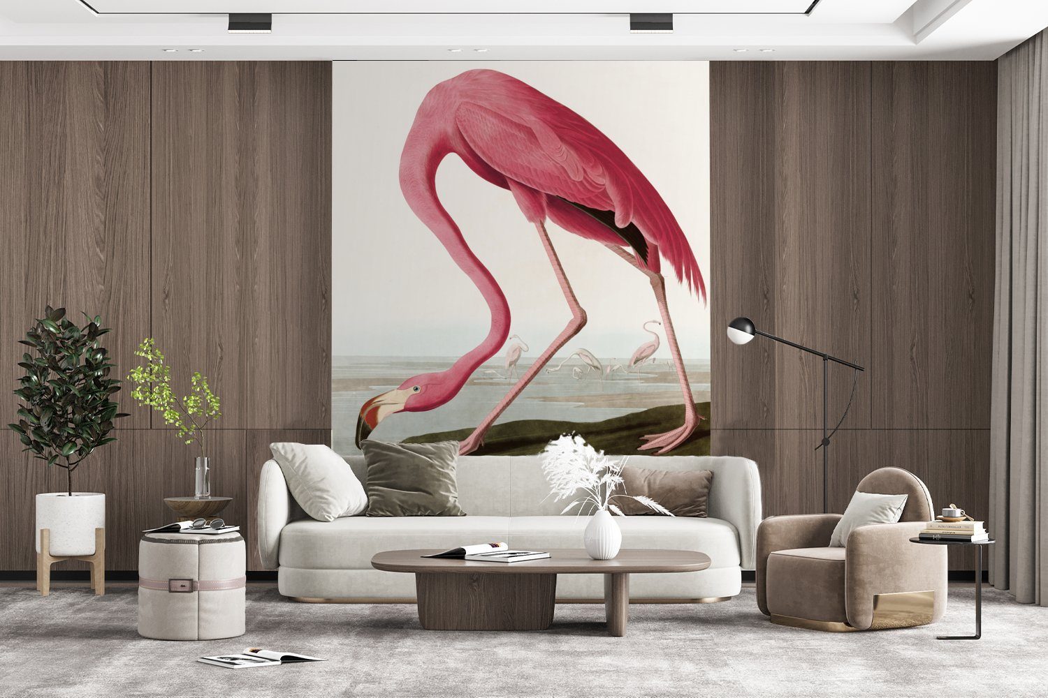 MuchoWow Fototapete Flamingo - Vogel Vinyl - Wohnzimmer, bedruckt, Vintage (4 Rosa, Matt, Wandtapete für Wasser Tapete St), - Montagefertig 