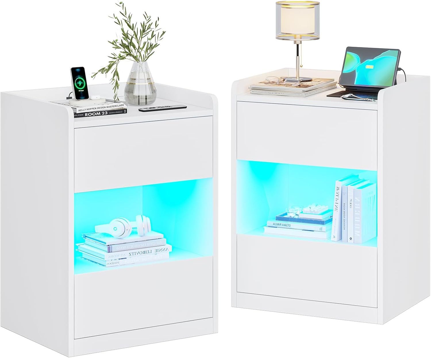 MSMASK Nachttisch mit LED-Beleuchtung und Ladestation, 40x35x60cm (2-St), Nachtschrank mit viel Stauraum