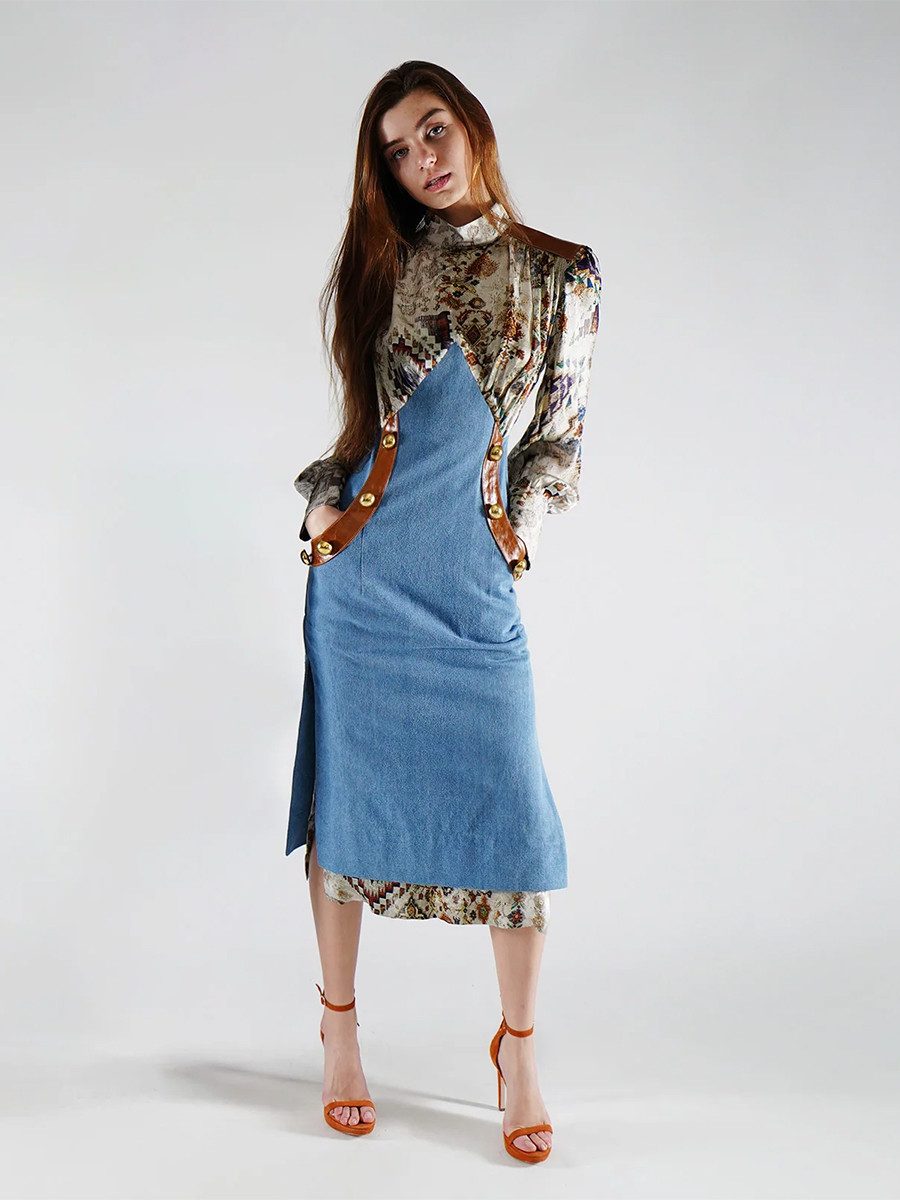 RUA & RUA Midikleid Kleid aus Denim Seide & Leder Etuikleid