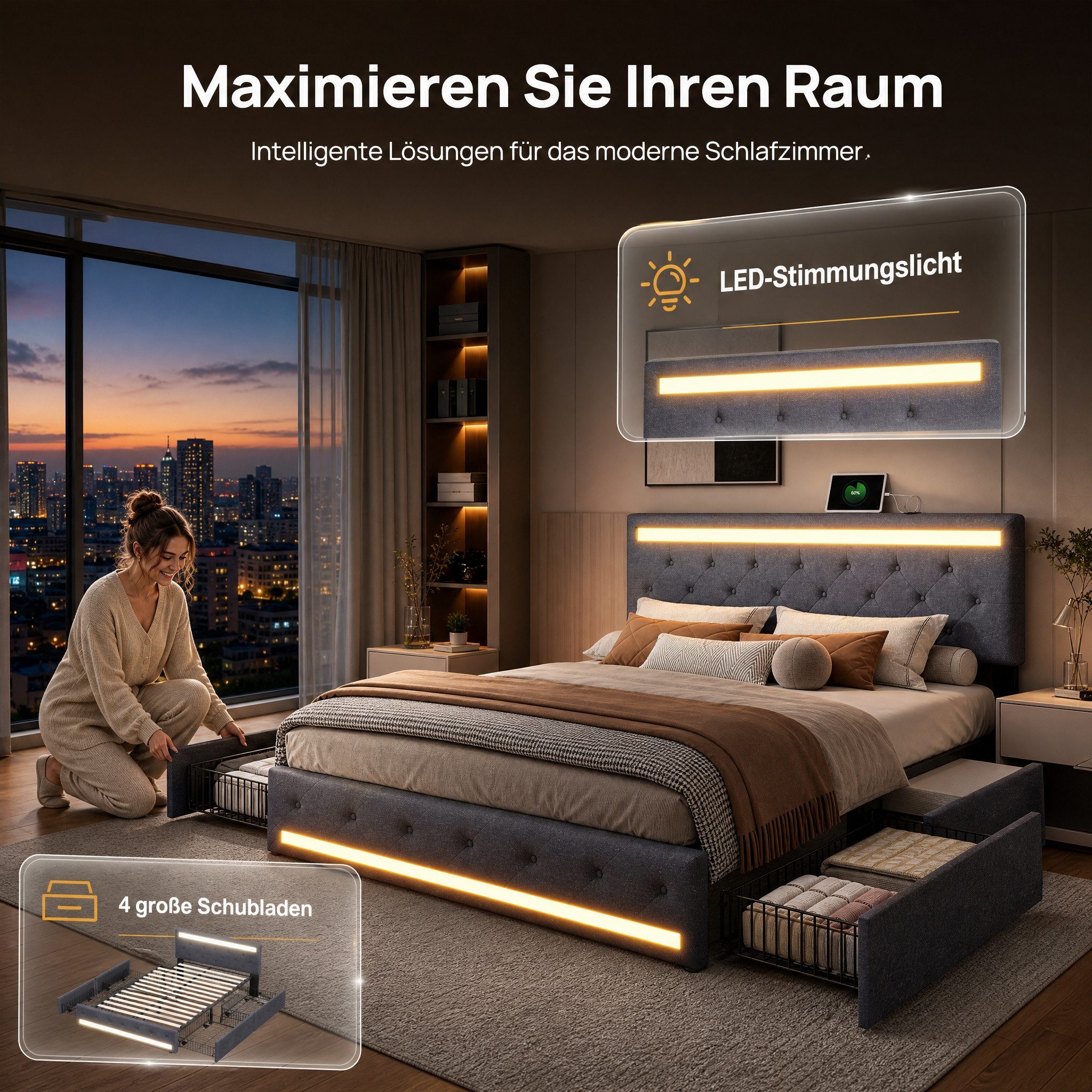 PXloue Polsterbett LED Doppelbett 140x200cm mit Ladefunktion und 4 Schubladen Polsterbett (Geeignet für Jugendliche und Erwachsene), Stauraumbett, mit RGB-LED,  – Bild 2 von 5
