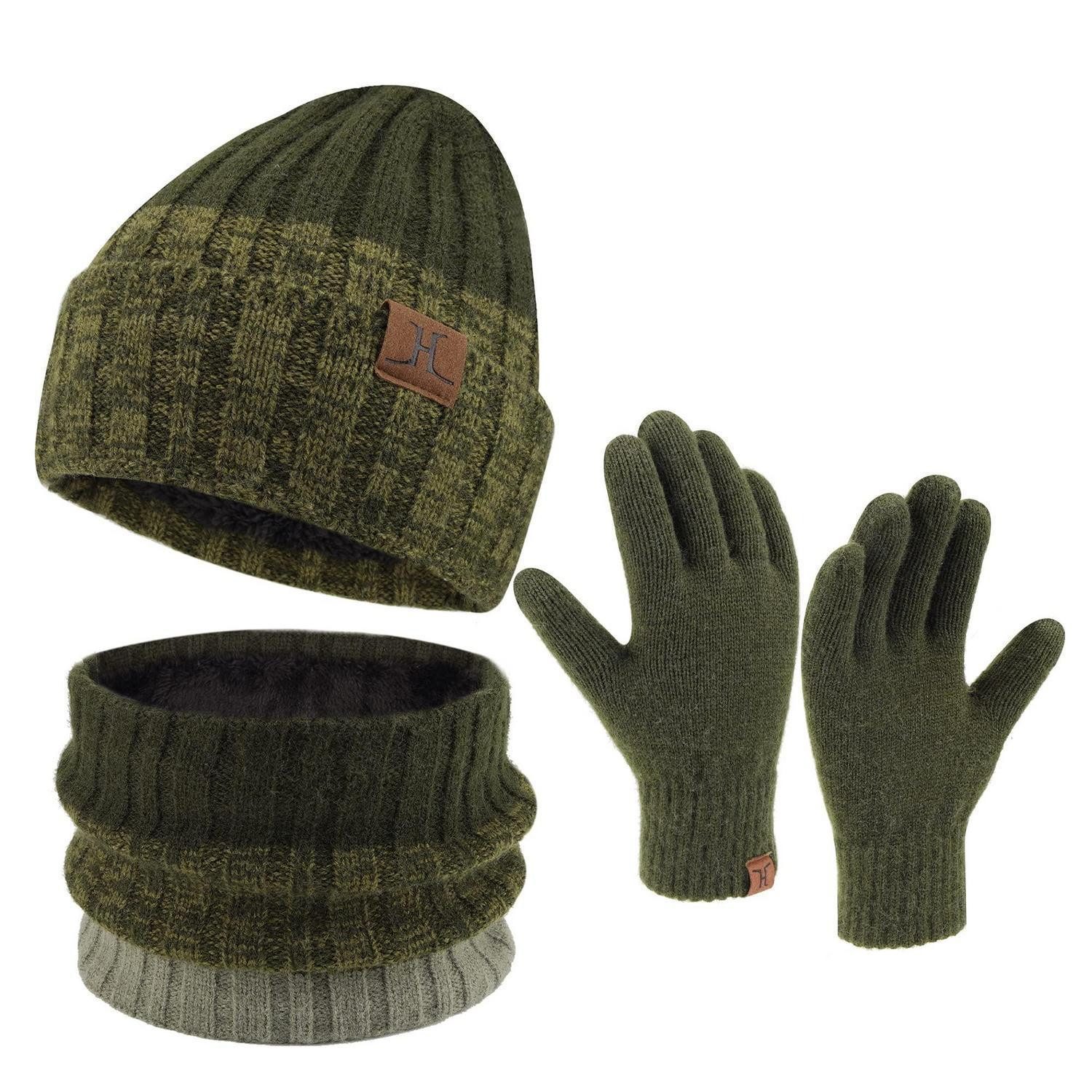 LuxusKollektion Strickmütze Winter Mütze Schal Handschuhe Set Armee Grün (1-St)