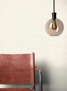 Newroom Vliestapete, Beige Tapete Grafisch Leicht Glänzend - Glanztapete Grafiktapete Creme Weiß Geometrisch Modern Raute Punkte für Wohnzimmer Schlafzimmer Küche