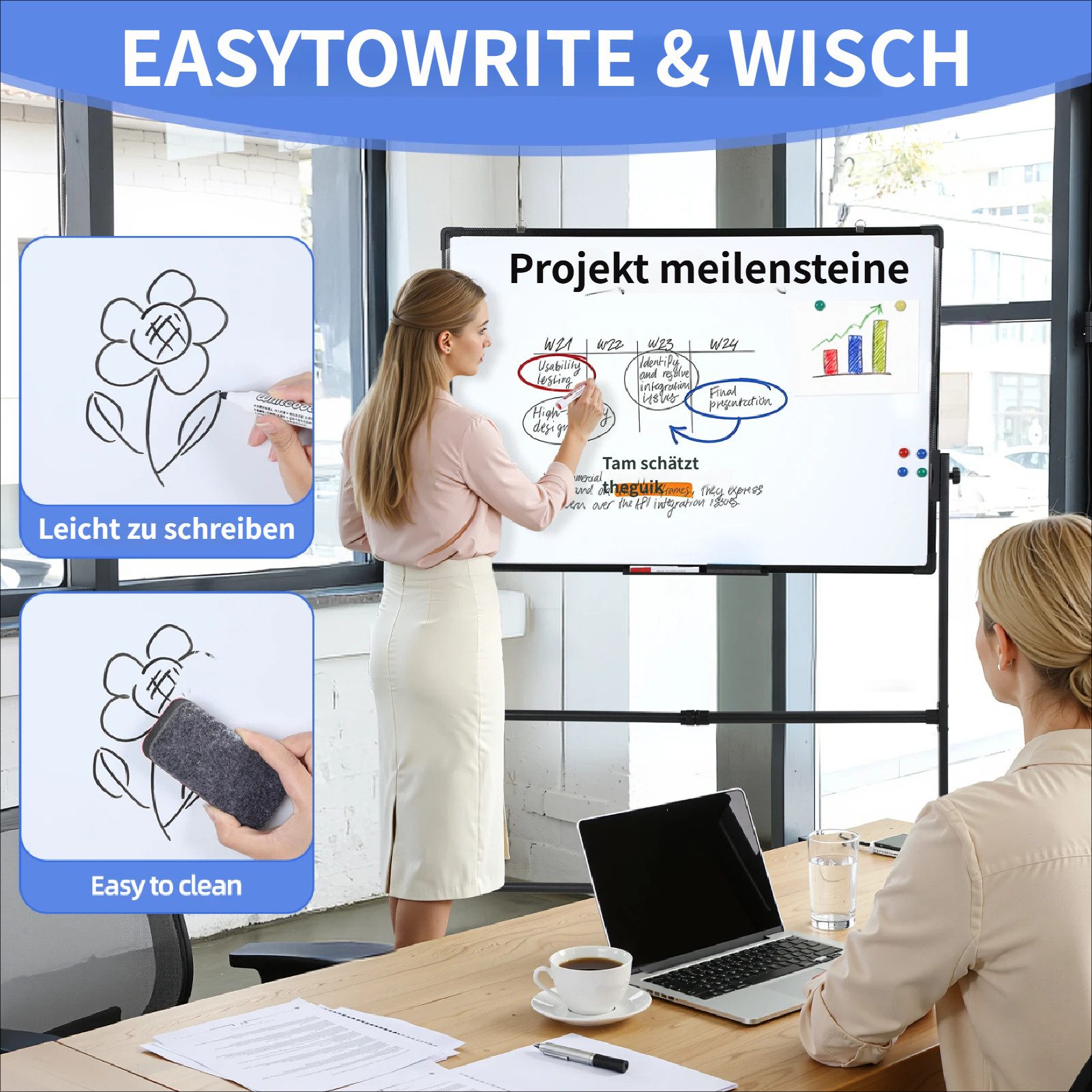 Rutaqian Wandtafel Mobiles Whiteboard Doppelseitiges Magnettafel Stanford mit Rollen, (1-tlg), Höhenverstellbares Drehbar Whiteboards für Zuhause, Schule, Büro