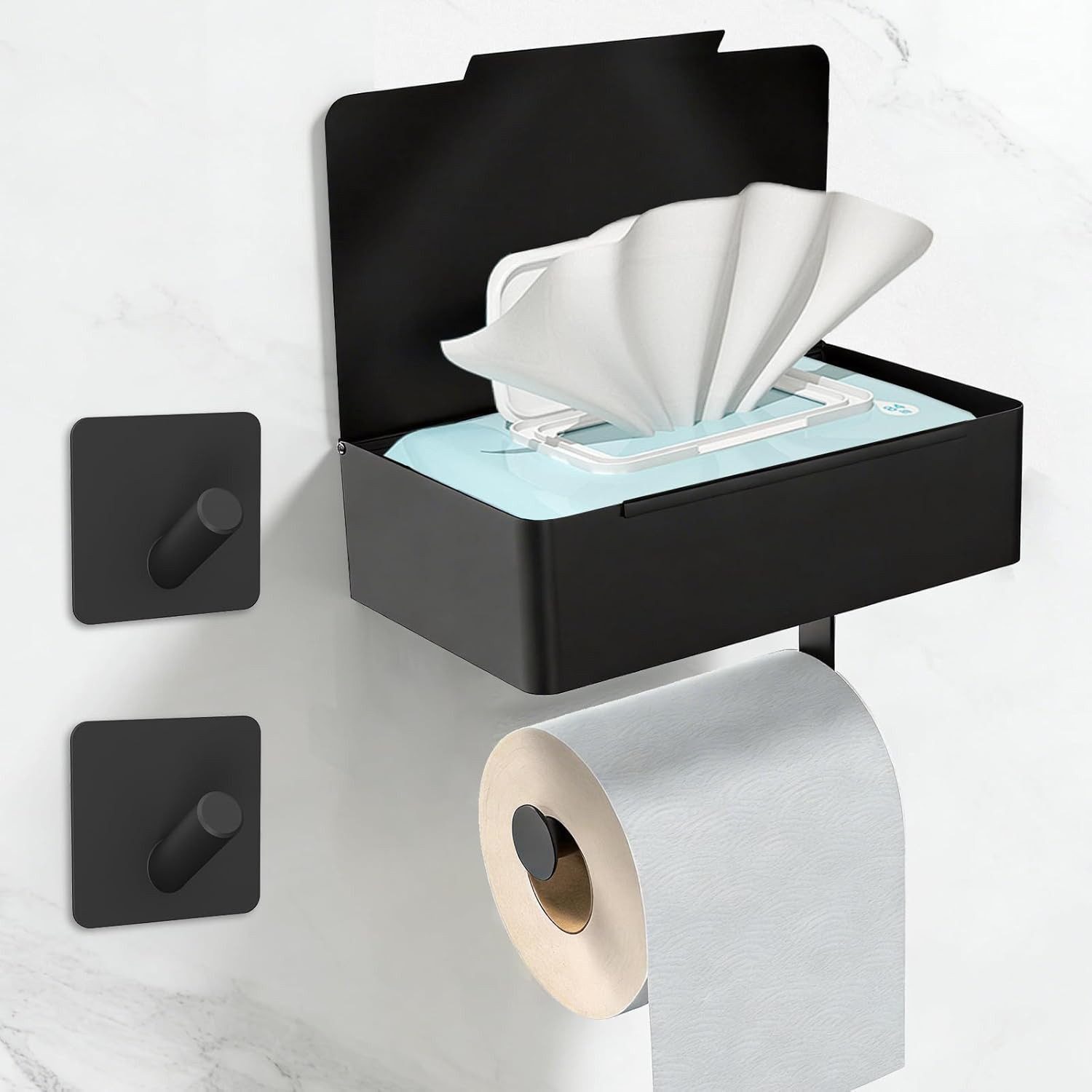 AIMAX Toilettenpapierhalter Toilettenpapierhalter ohne Bohren mit Feuchttücherbox Schwarz