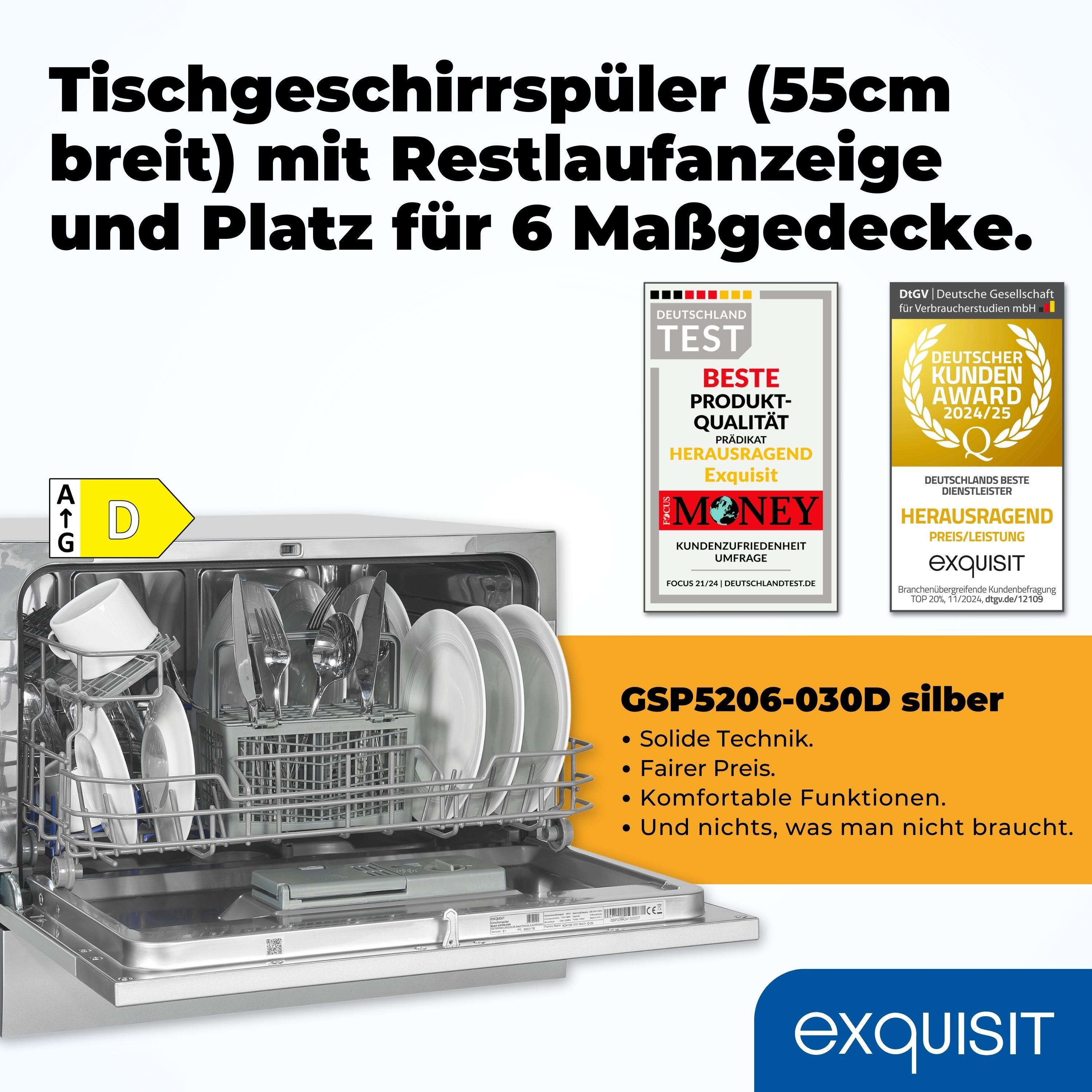 exquisit Tischgeschirrspüler GSP5206-030D, 6.5 l, 6 Maßgedecke, 6 Maßgedecke, 6,5 Liter, Auto-Door-Open, Startzeitvorwahl, LED-Display