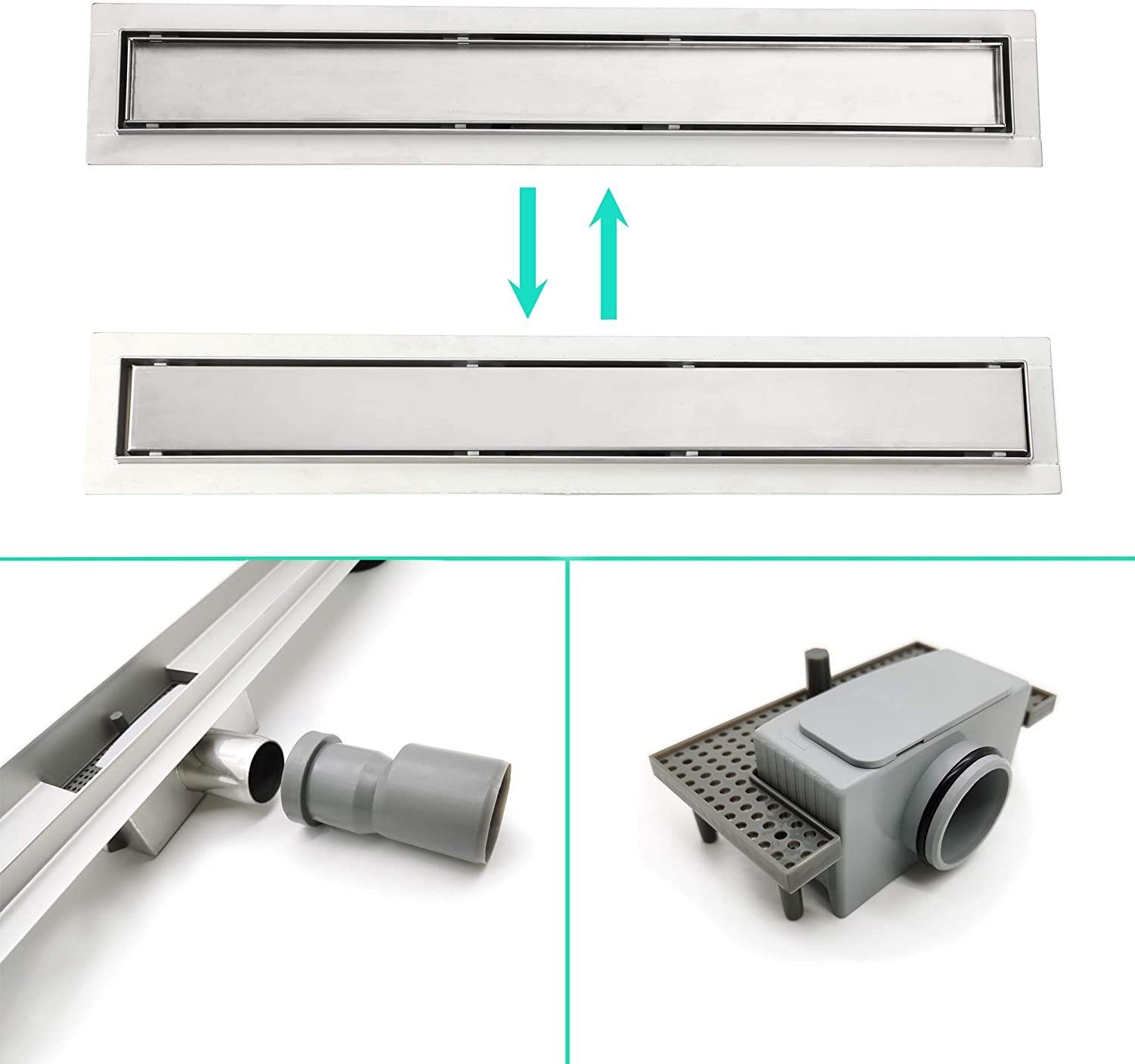 Elbe Duschrinne 60-90 cm, Komplett-Sat, Sockel aus rostfreiem Stahl und geriffelter Deckel aus rostfreiem Stahl, Kann gefliest werden	Geruchssicher	Korrosionsresistent	Rostbeständig 90 cm
