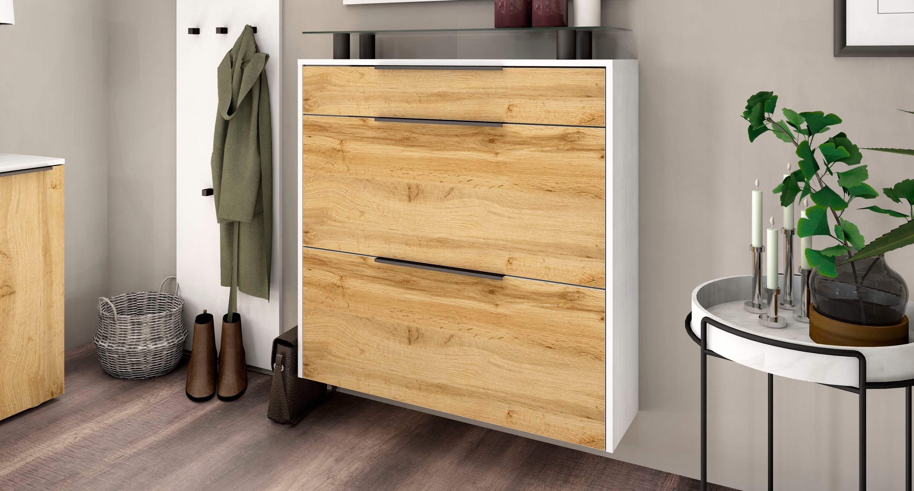 Schuhschrank Tom, Hängeschrank mit Glasablage und Metallgriffen
