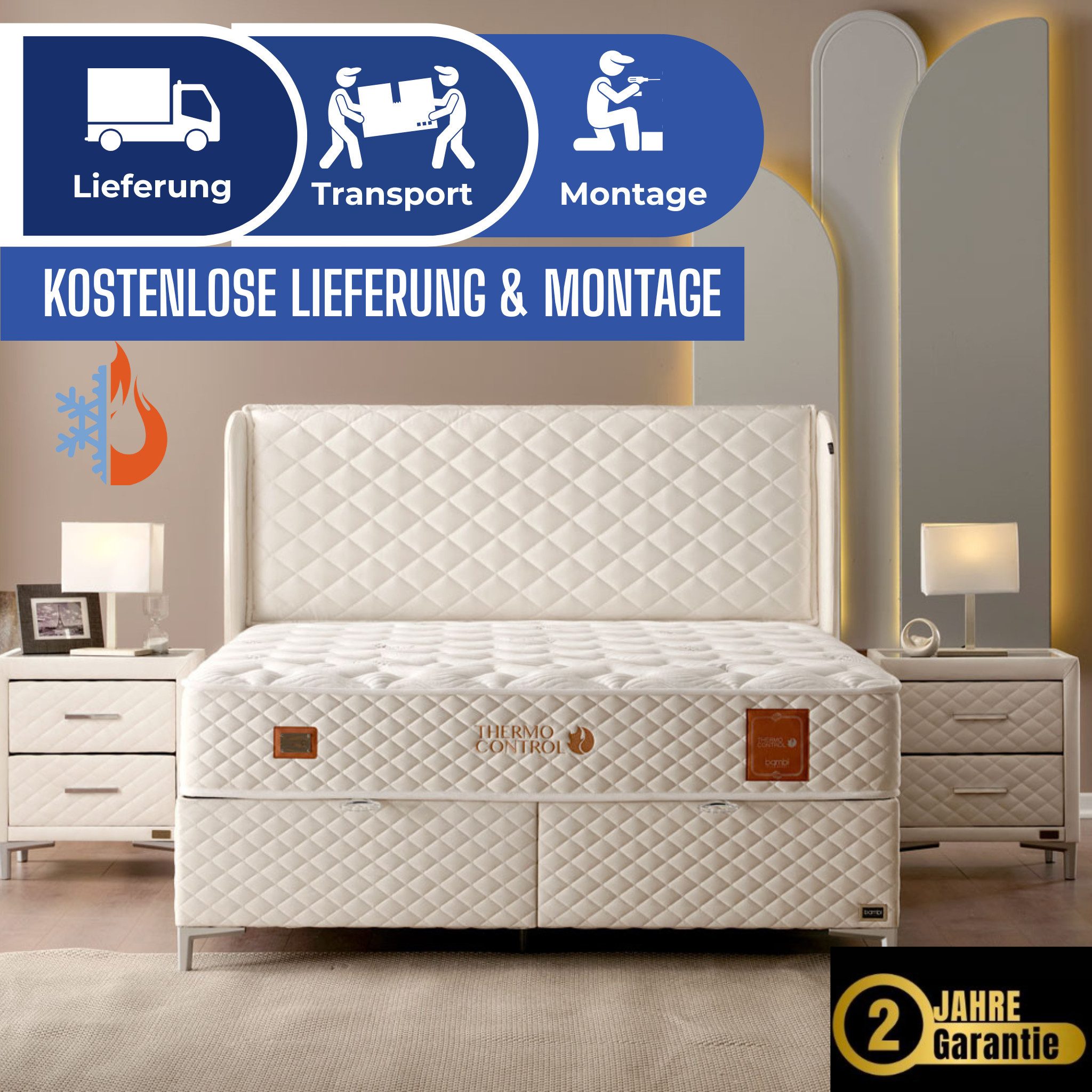 Bambi Boxspringbett mit Matratze mit Topper Polsterbett Stauraumbett Thermo Control (2 Bettkästen, 1 Matratze, Kopfteil)