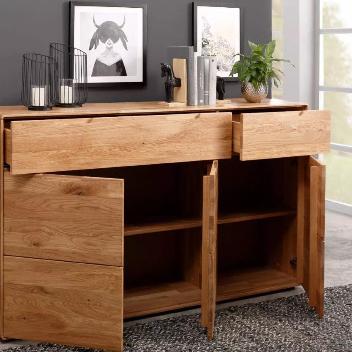 Liadomo Kommode Genua 3, Sideboard, Stauraummöbel, Stauraum, aus Massivholz Wildeiche, drei Türen, zwei Schubkästen
