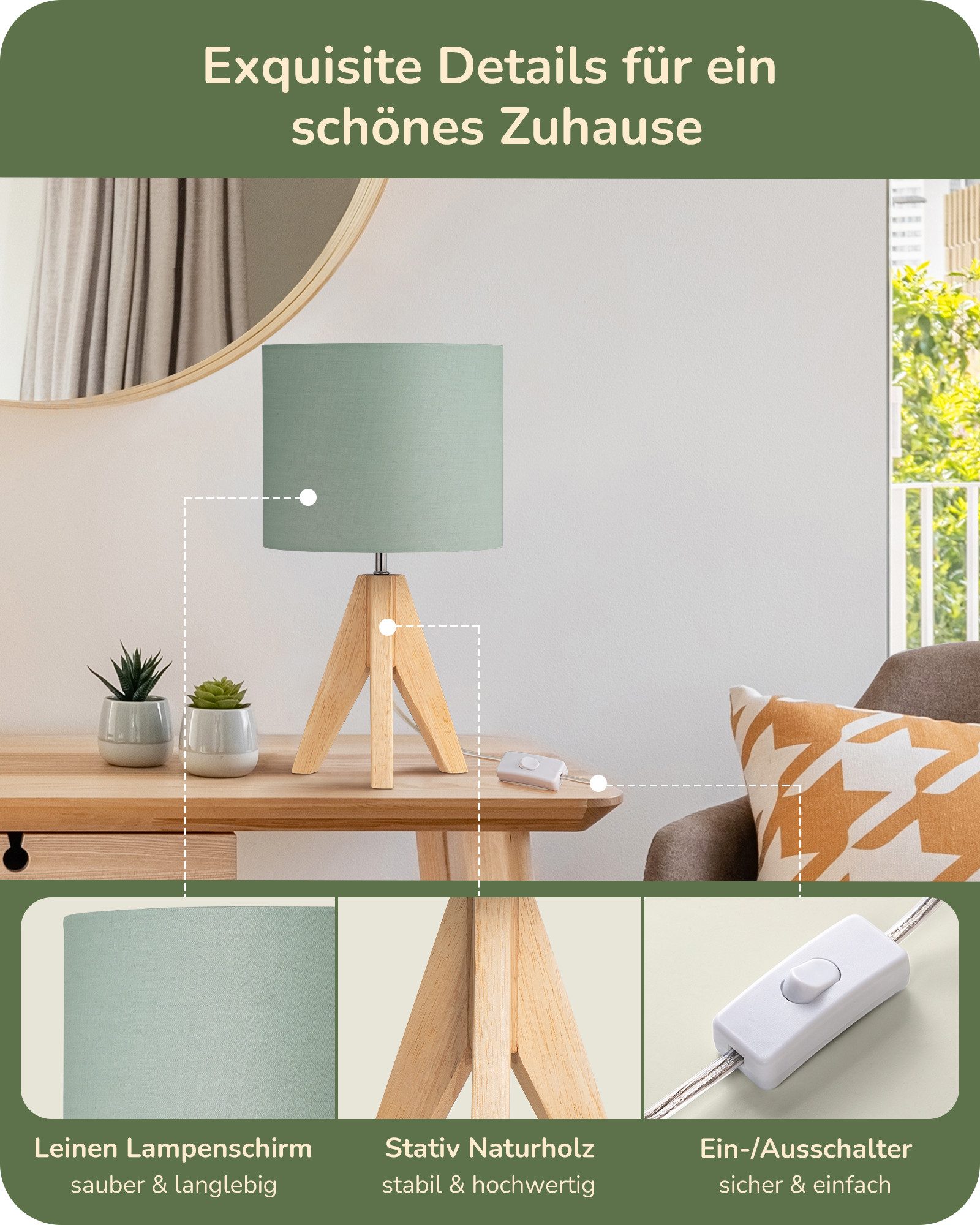 EDISHINE Nachttischlampe Vintage Tischlampe Holz mit Stoffschirm, inkl. Leuchtmittel, LED wechselbar, Warmweiß, Lampenschirm aus Leinen, für Deko, Schlafzimmer, Wohnzimmer