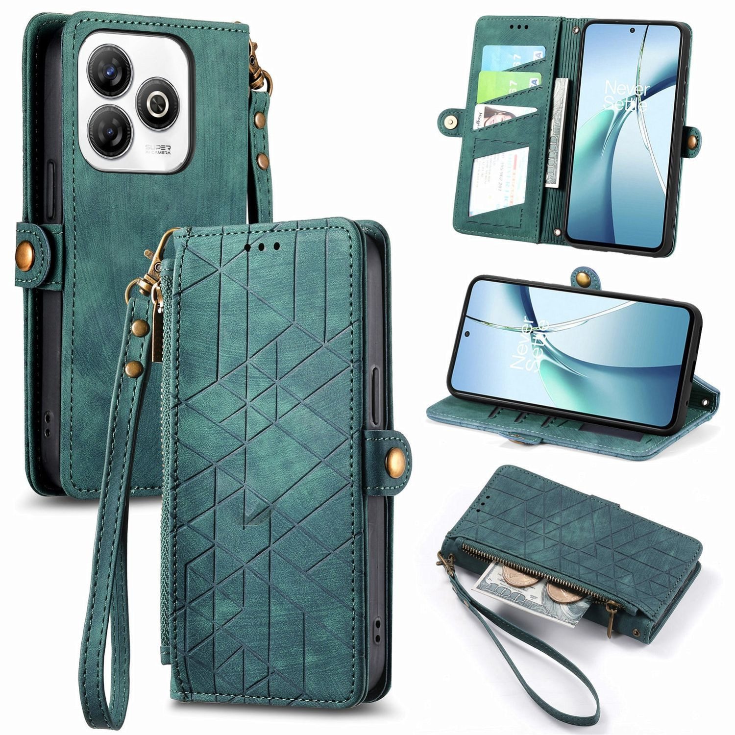 Wigento Handyhülle Für ZTE Blade A75 4G Design Kunstleder Zipper Book Wallet Tasche Grün, Kartenfächer, Reißverschlussfach, Standfunktion