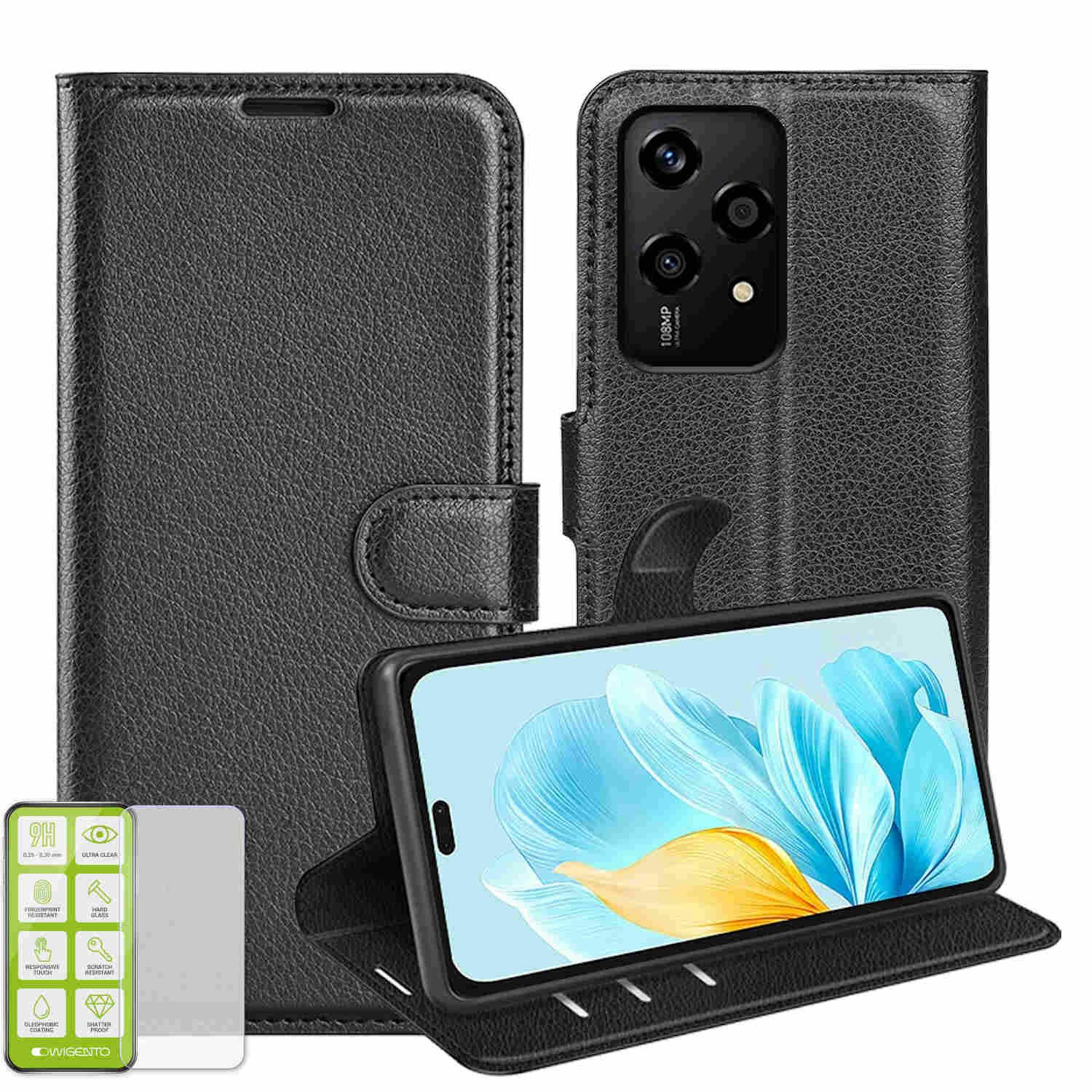 Wigento Smartphone-Hülle Für Honor 200 Lite Kunst Leder Book Wallet Tasche Schwarz + H9 Glas