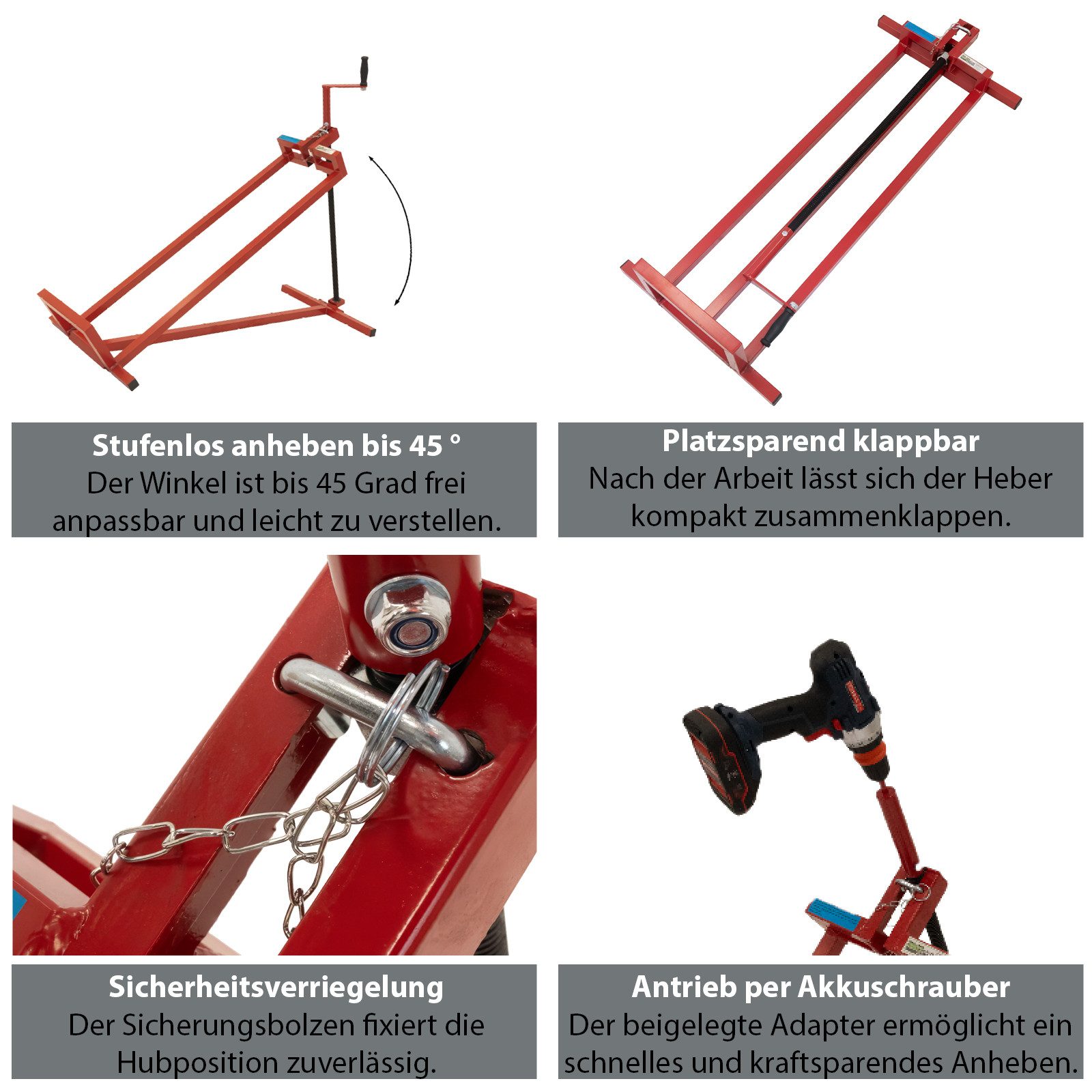 TRUTZHOLM Rasentraktor Rasentraktorheber 400 kg Akkuschrauber-Adapter, stufenlos & klappbar, 0 cm Schnittbreite, Artikel, Kugelgelagerte Kurbel,Stufenlos verstellbar
