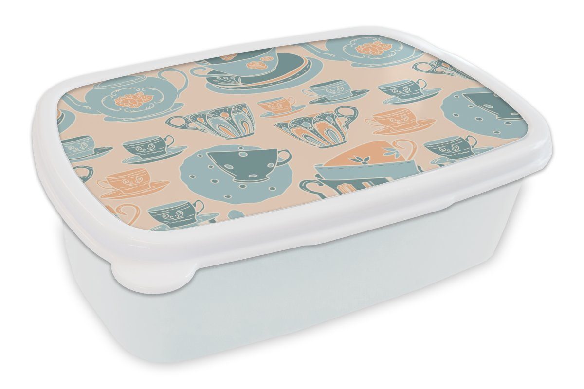 MuchoWow Lunchbox Muster - Vintage - Tasse - Tee, Kunststoff, (2-tlg), Brotbox für Kinder und Erwachsene, Brotdose, für Jungs und Mädchen weiß