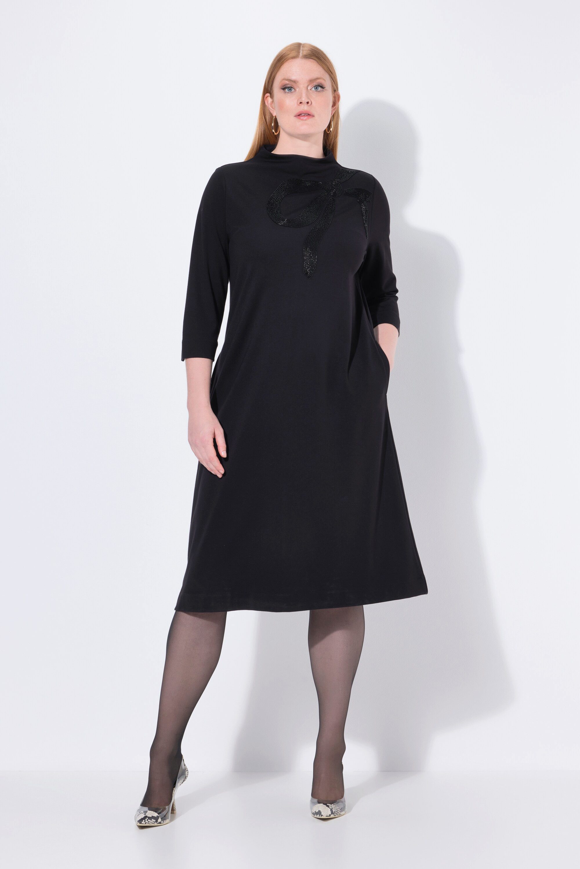 Ulla Popken Midikleid Punto-Midikleid Perlen A-Linie Stehkragen 3/4-Arm günstig online kaufen
