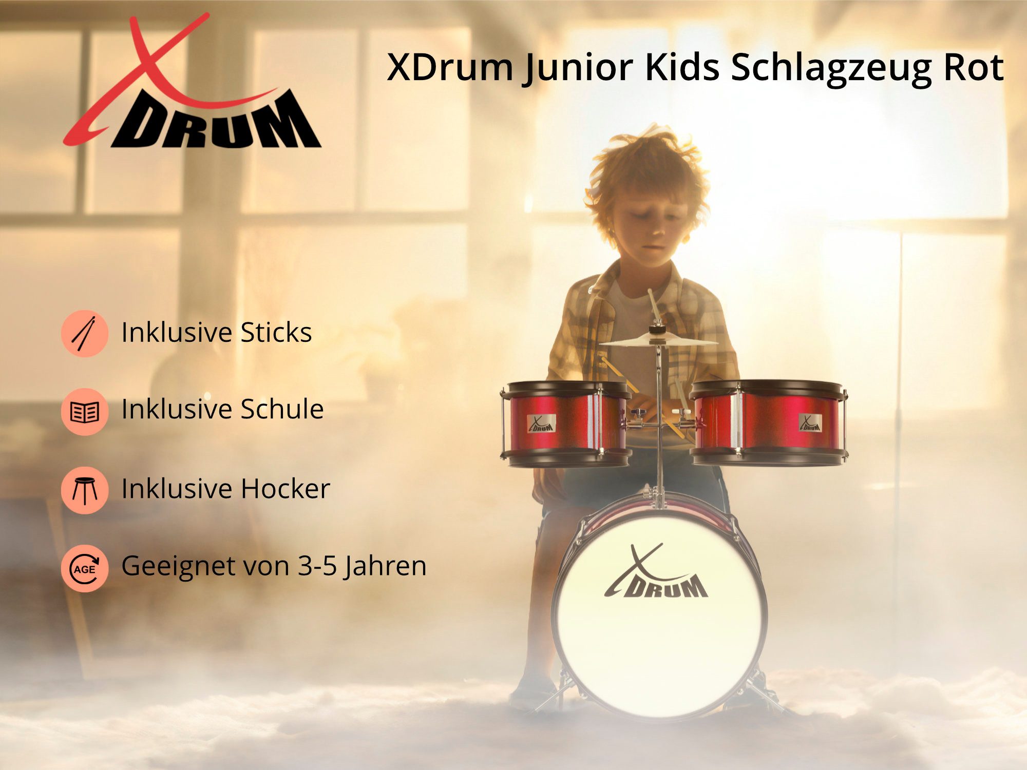 XDrum Kinderschlagzeug XDrum Junior KIDS Schlagzeug inkl. Schule Rot,Komplettes Drumset, Inkl. Drumsticks & Hocker, Kesselgrößen: Bass Drum 14", Snare Drum 8", Tomtom 10" & Becken 8''