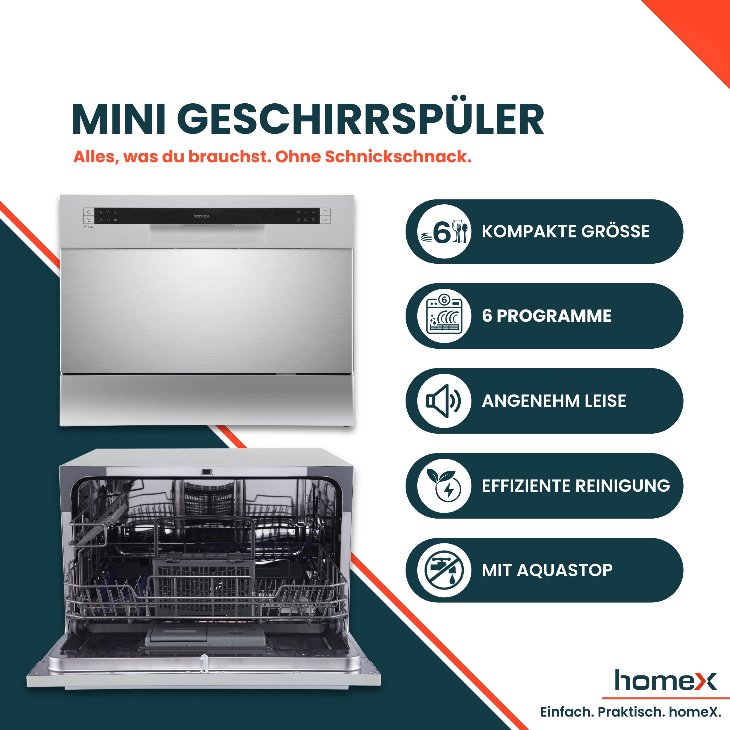 homeX Tischgeschirrspüler GST6AD-S, 7 l, 6 Maßgedecke, Mini Spülmaschine, Geschirrspüler klein, 6 Programme, 6 Gedecke, 47 dB