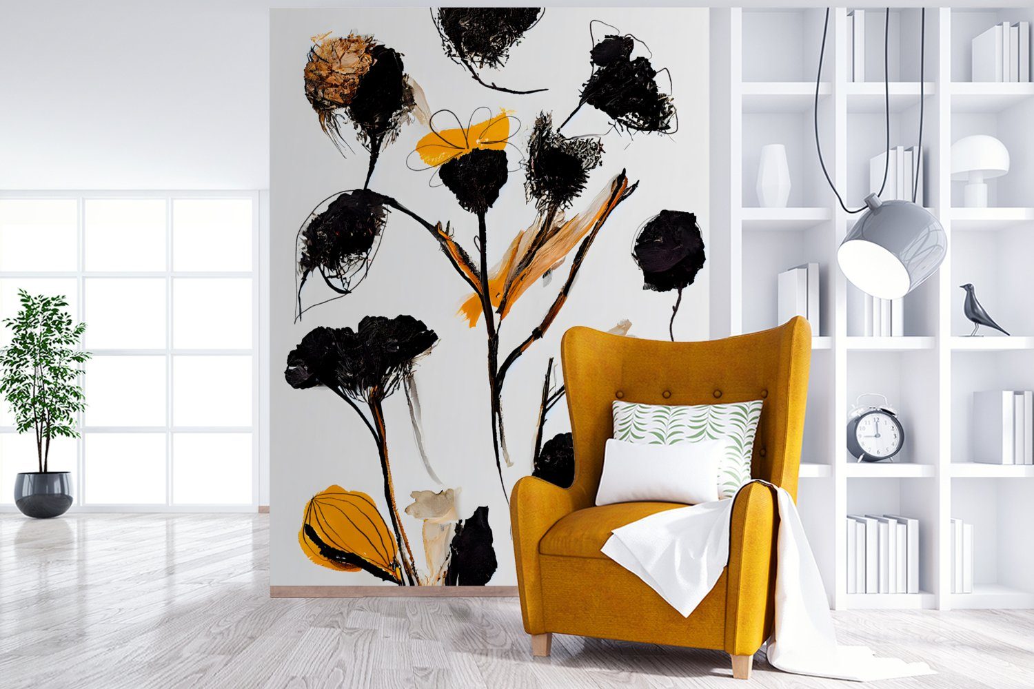 MuchoWow Fototapete Blumen - Vinyl Pflanzen Pastell St), Montagefertig Tapete Wohnzimmer, Gelb, - Matt, - bedruckt, Schwarz für (4 - Wandtapete