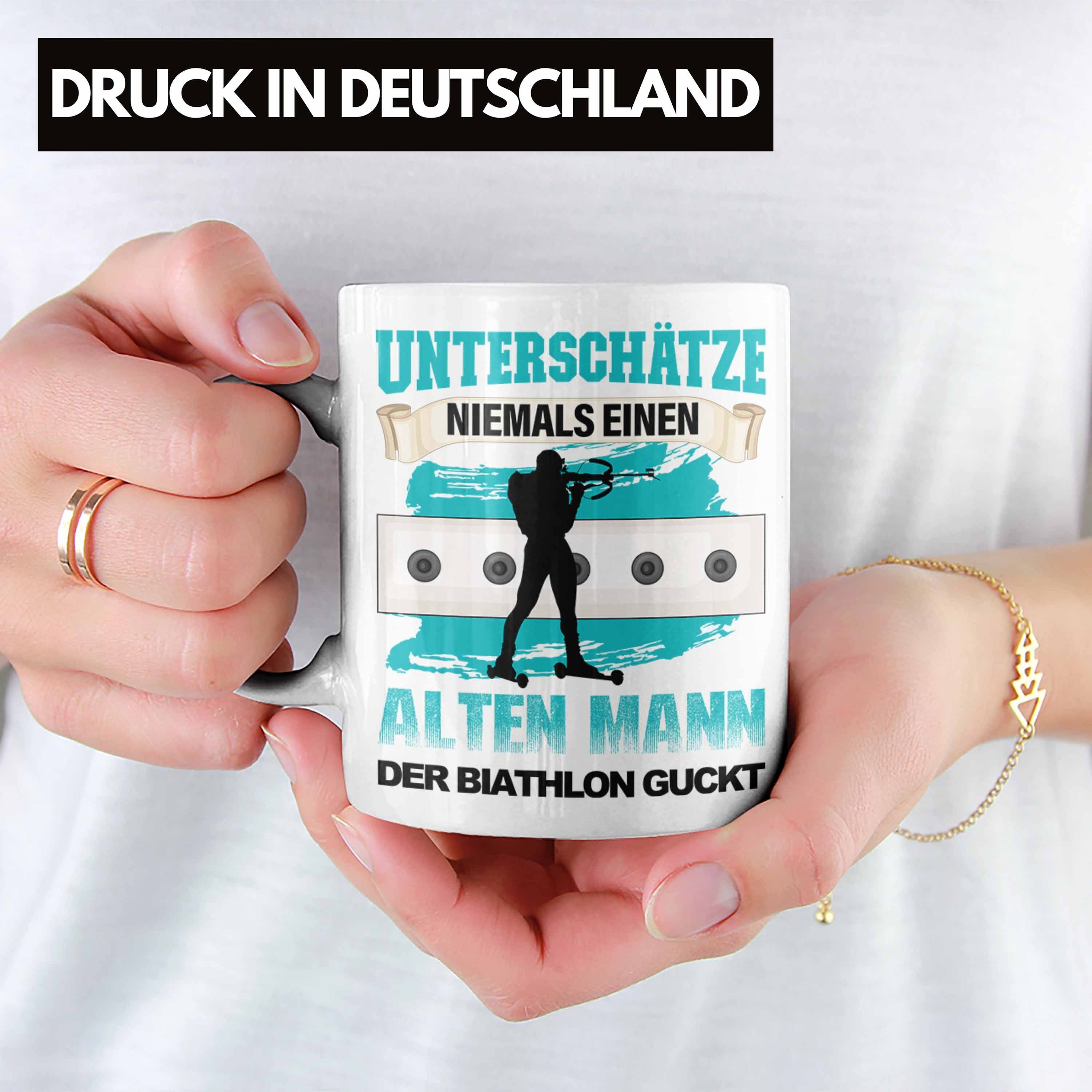 Biathlon Tasse der Tasse "Unterschätze Alten gu einen Trendation Mann, Weiss Biathlon Niemals