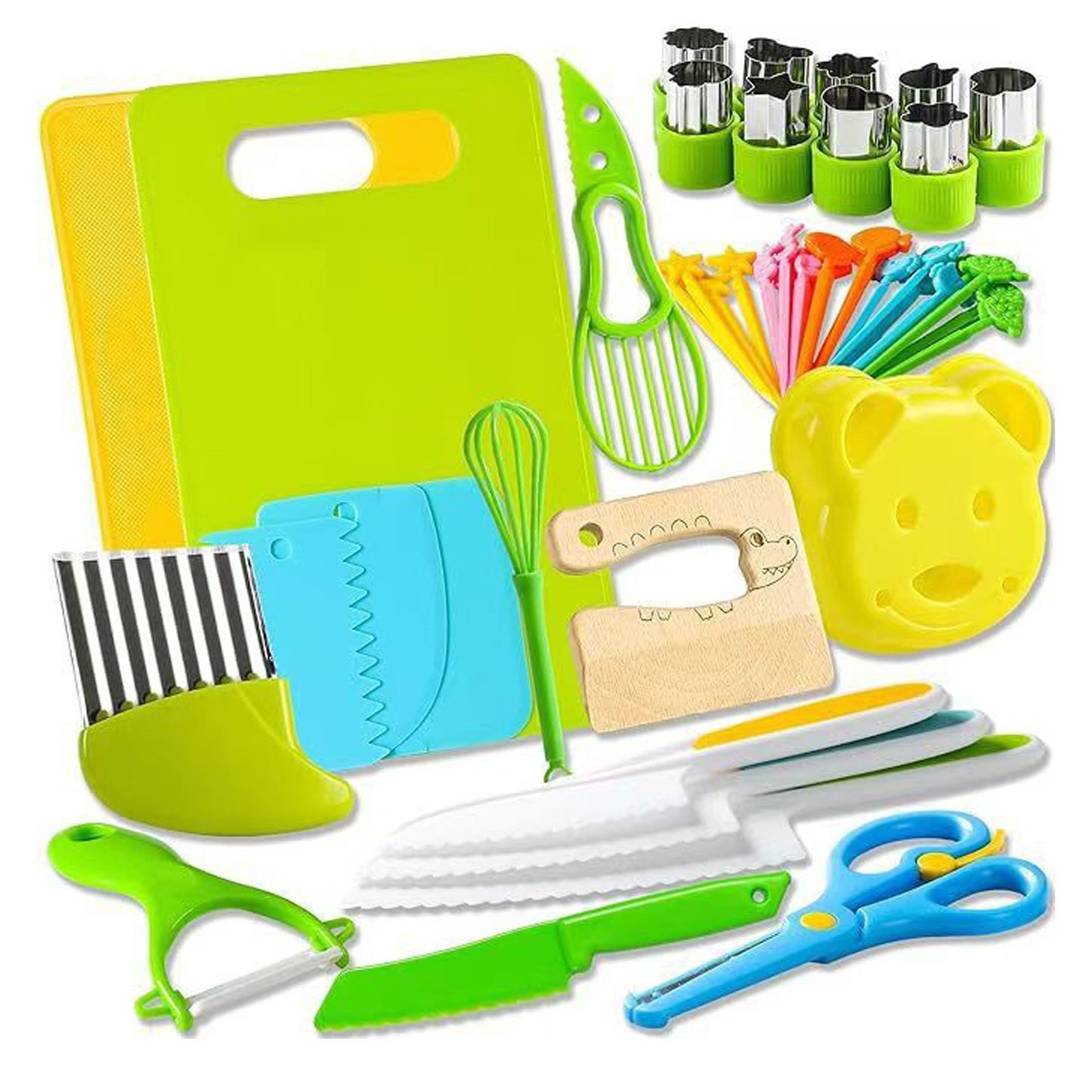 OKWISH Kinderkochmesser 46 Teiliges Kinder Sicherheit Küchenmesser Set Kochspielzeug, Montessori Lernspielzeug Geschenkset für Jungen Mädchen