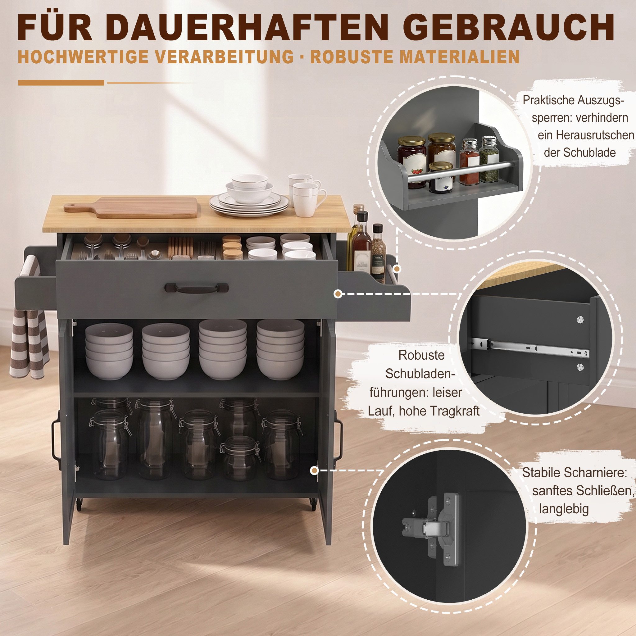 FIVMEN Küchenwagen Kücheninselwagen auf Rollen Küchen Wagen Küchenschrank 115x36x90cm, Für Küche, Wohnzimmer, Esszimmer – Bild 5 von 5