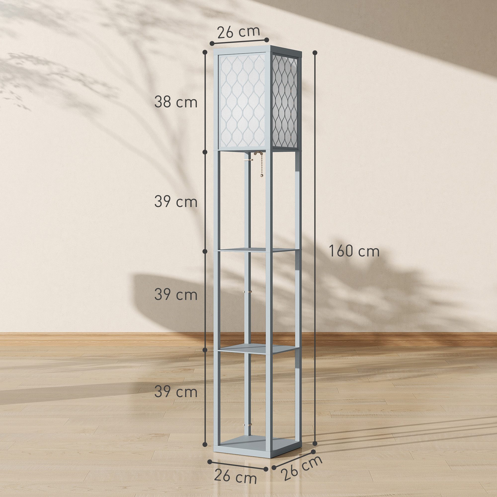 HOMCOM Stehlampe Wohnzimmer mit Regal, Stehleuchte mit E27 Fassung, ohne Leuchtmittel, 3 Fächer Stauraum, Hellgrau+Weiß