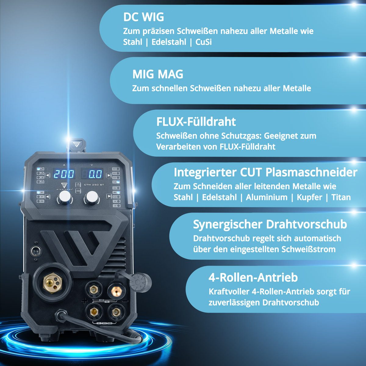 STAHLWERK Inverterschweißgerät Kombi Schweißgerät CTM-250 ST 200 A CUT WIG MIG MAG MMA, 10 - 200 A, Packung}, 20-tlg., Einzelgerät, Synergisches Kombi-Schweißgerät MIG MAG