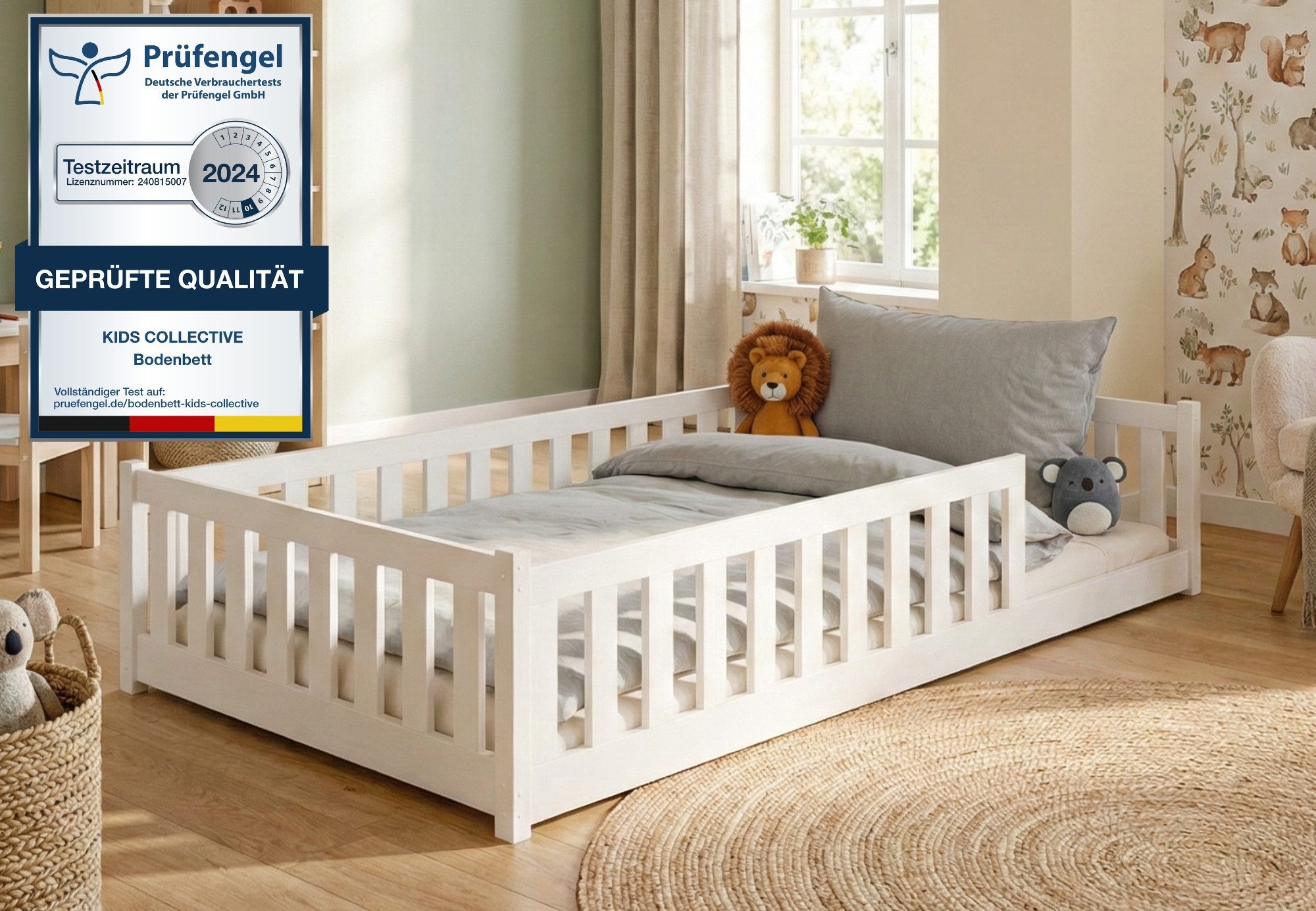 Kids Collective Kinderbett Bodenbett Bett mit Rausfallschutz & Lattenrost Montessori Bett Kinder (Jungen, Mädchen, Kinder, weitere Größen 80x160, 80x180, 90x190, 90x200, 140x200 cm), Jugendbett Gitterbett Einzelbett, Weiß Kiefer 120x200 cm