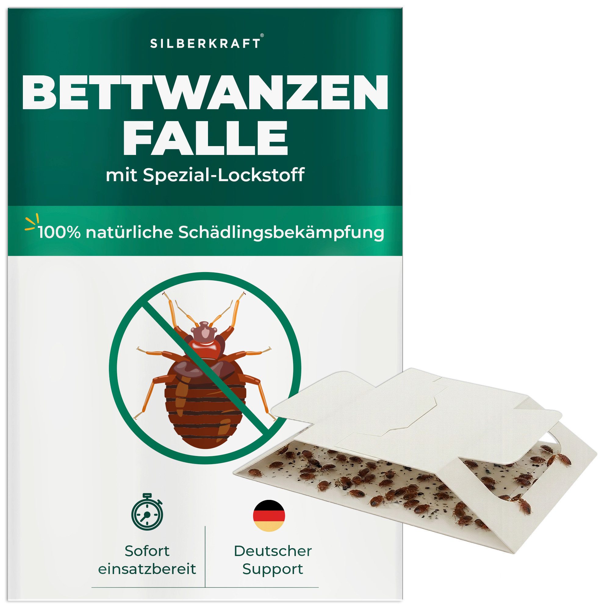 Silberkraft Insektenfalle Bettwanzenfalle mit Spezial-Lockstoff Frühzeitige Befallsüberwachung, Biozidfrei & Geruchslos Extrastarke klebefläche Gezielte Anlockung