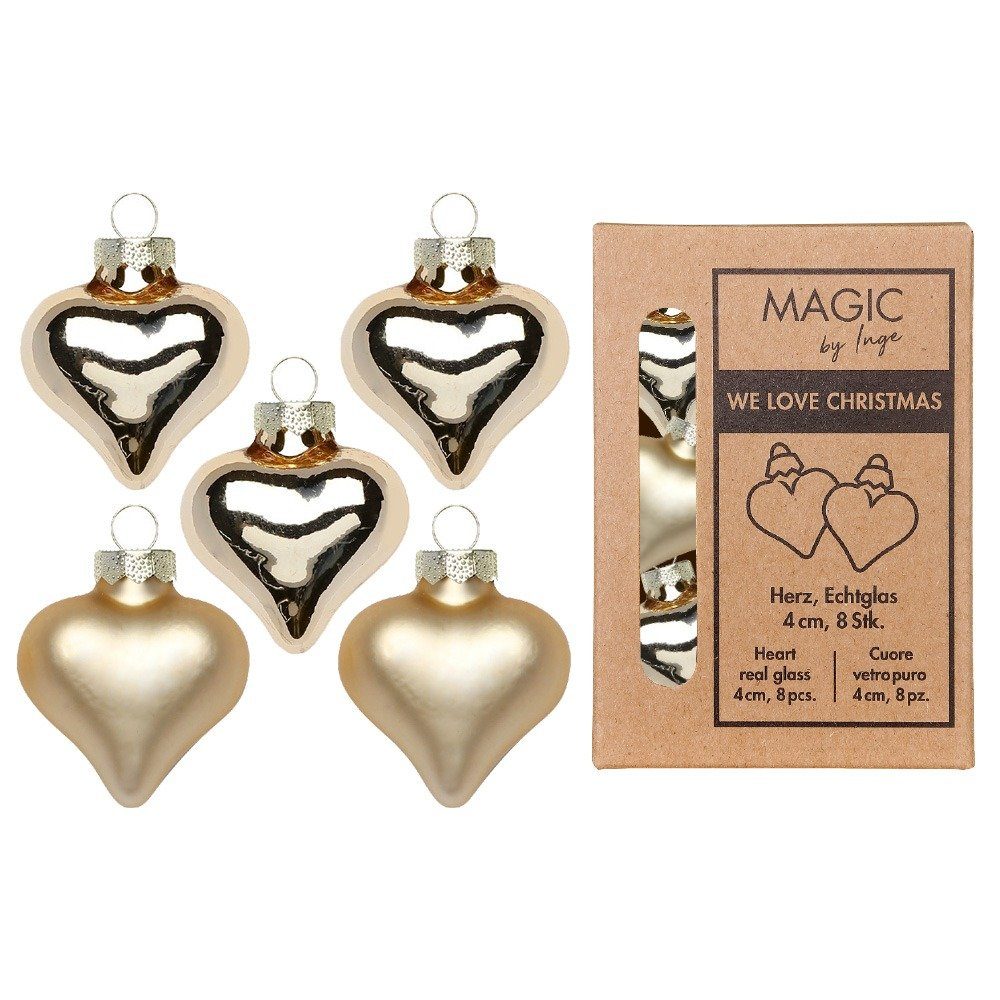 MAGIC by Inge Christbaumschmuck, Christbaumschmuck Herzen 4cm Glas 8 Stück - Brokatgold
