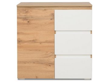 möbelando Kommode Ravenna, Moderne Kommode aus melaminharzbeschichteter Spanplatte in Honig-Eiche Nachbildung / Weiß mit 1 Holztür, 3 Schubkästen und 1 Einlegeboden. Breite 80 cm, Höhe 80 cm, Tiefe 40 cm