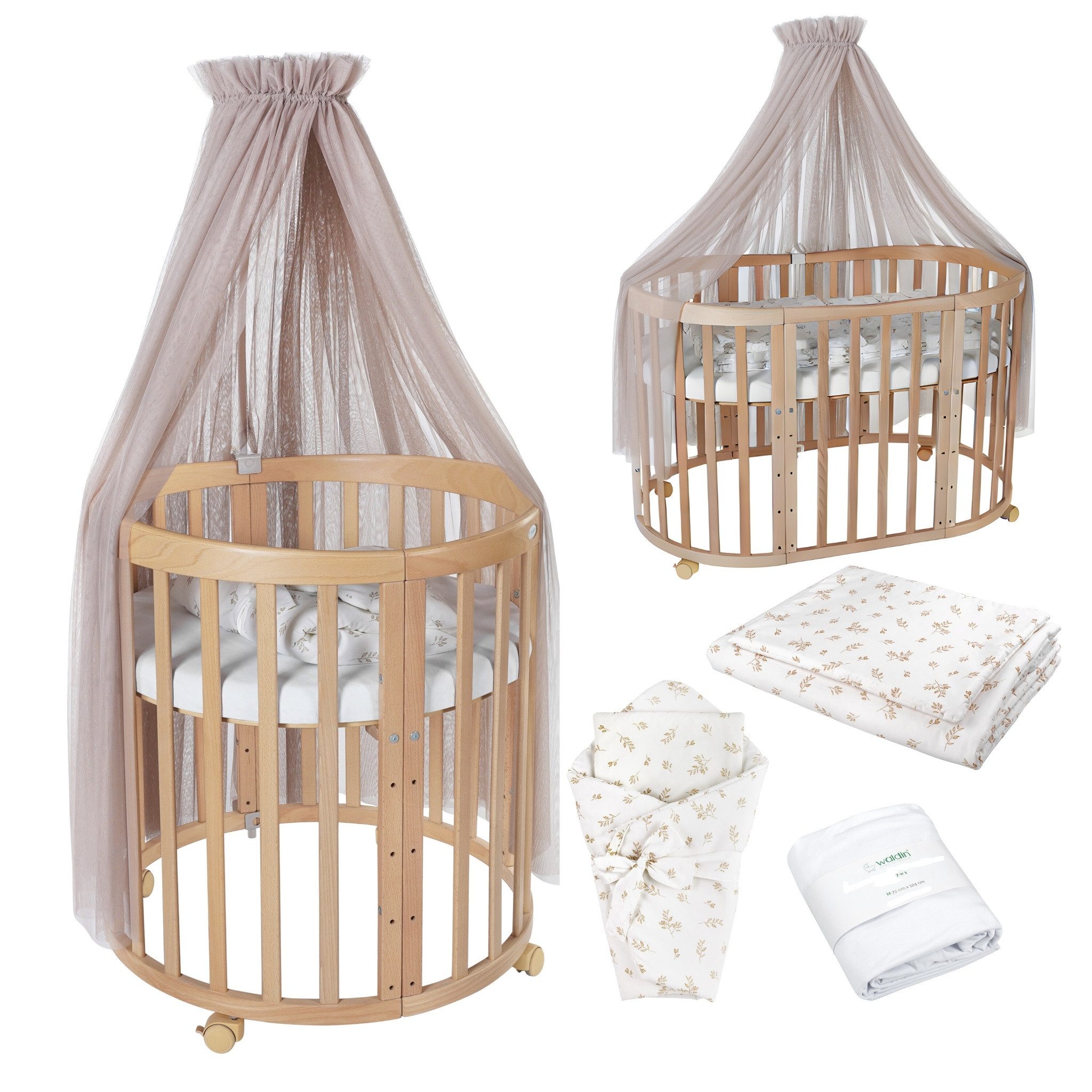 Waldin Babybett Mobiles Babybett OWAL aus Holz 7in1 mit Matratze, mitwachsend