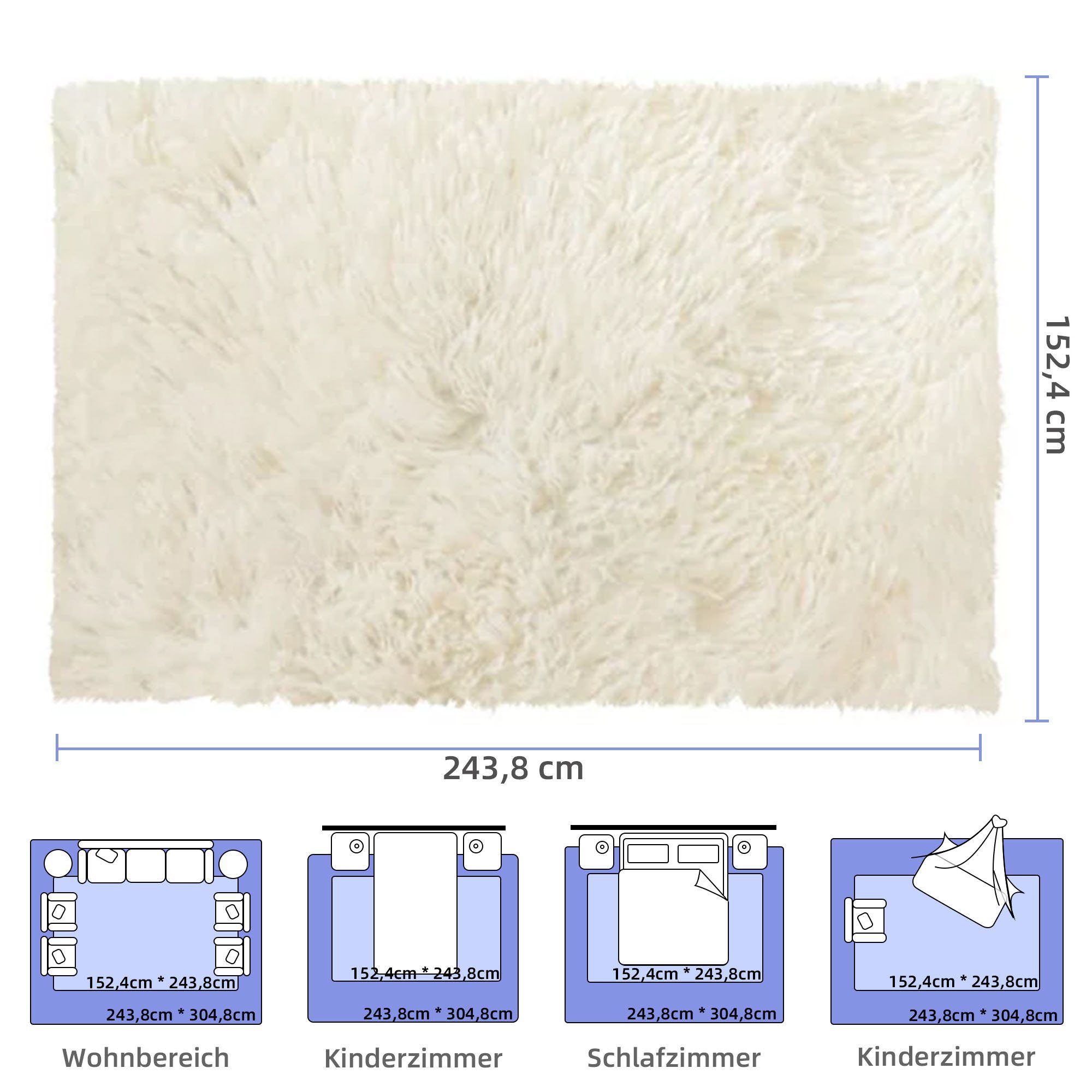 Schlafzimmer Hochflor-Teppich, Deko NEFOSO, 43 rechteckig, Fellteppich Höhe: Kinderzimmer, 243,8x152,4cm flauschige Hellgelb großer einfarbig, modern mm, Wohnzimmer Shaggy, weiche Teppiche, Teppich,