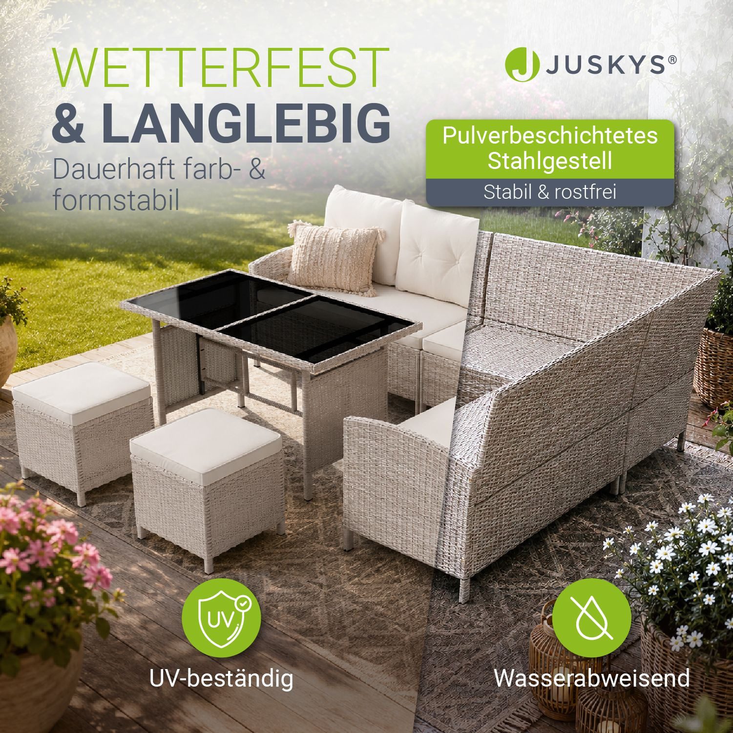 Juskys Gartenlounge-Set Manacor, (Gartenlounge), Polyrattan Gartenmöbel-Set mit Garten-Sofa, Garten-Tisch und 2 Hocker