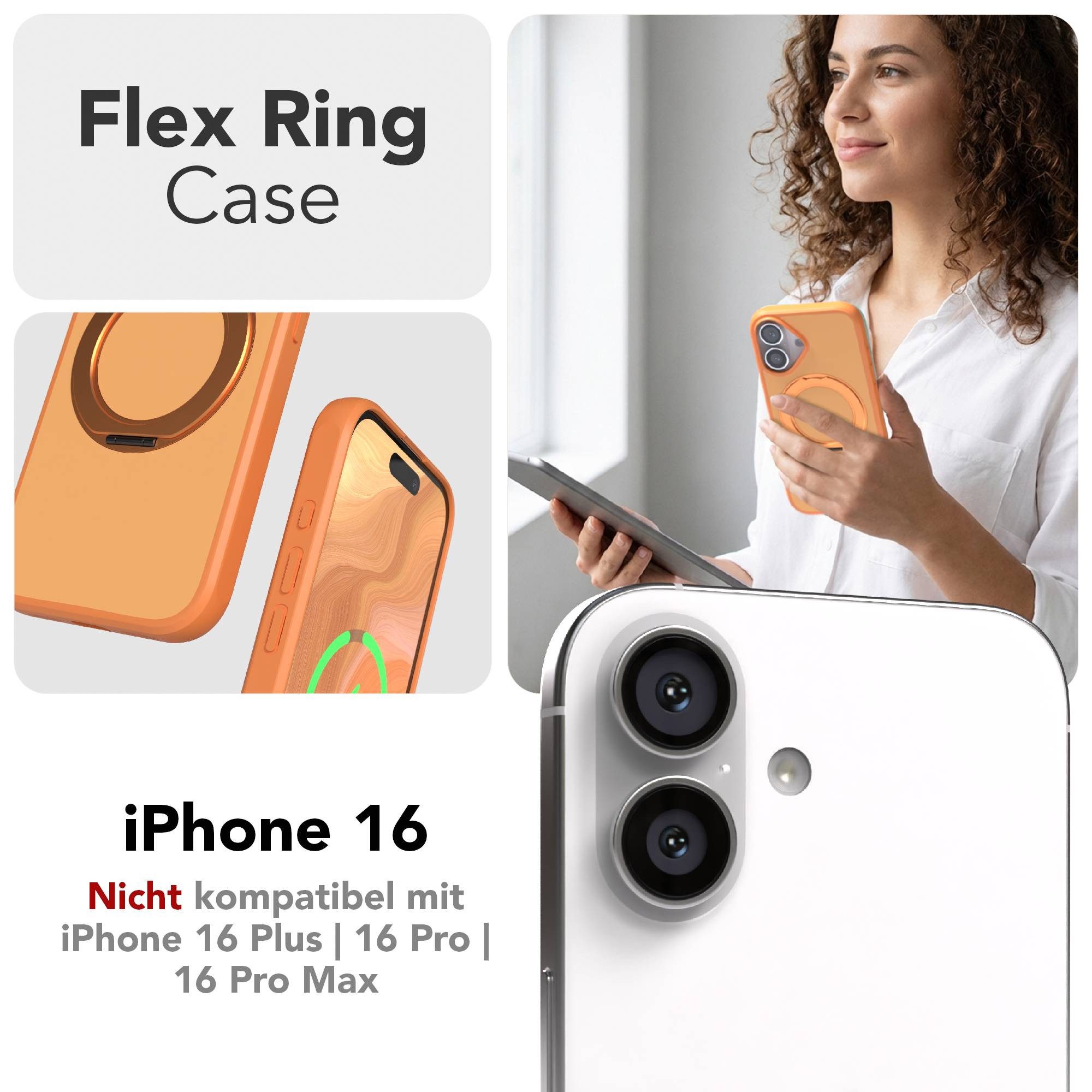 EAZY CASE Handyhülle Outdoor Apple iPhone 16 Case MagSafe Rotation Ring 6,1 Zoll, Slimcover Handyhülle Outdoor zum Aufstellen mit Ring modern in Orange