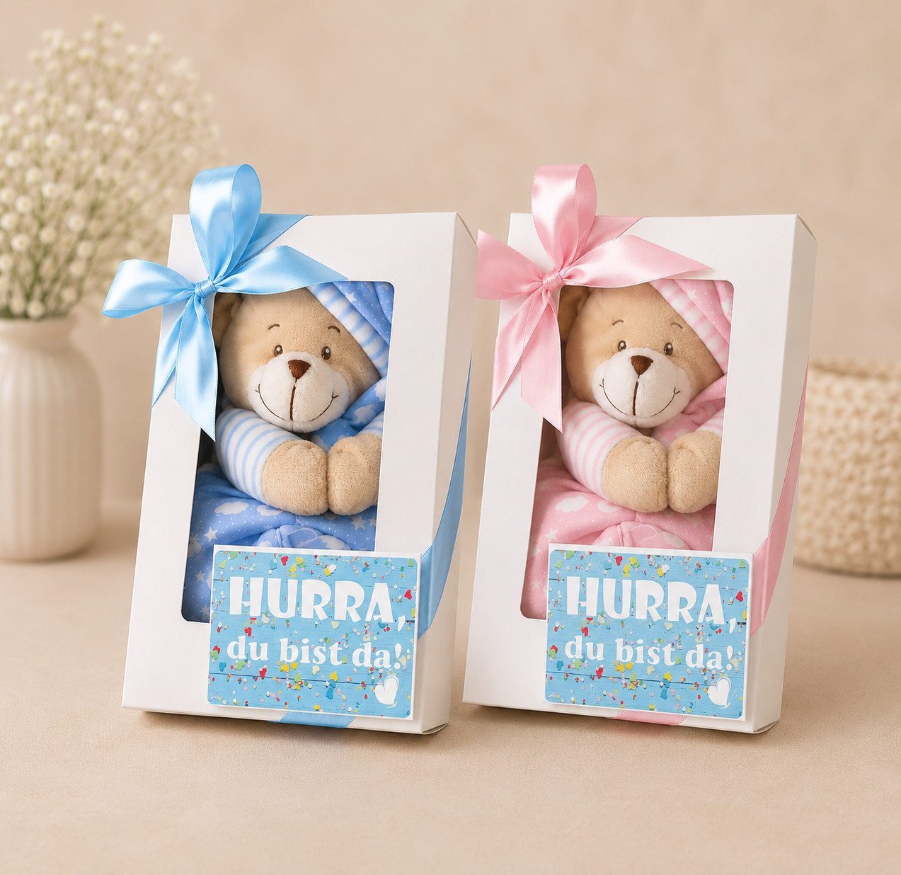 dubistda-WINDELTORTEN- Neugeborenen-Geschenkset Geschenkbox Baby Musikspieluhr BÄR + Grußkarte, Geschenk zur Geburt