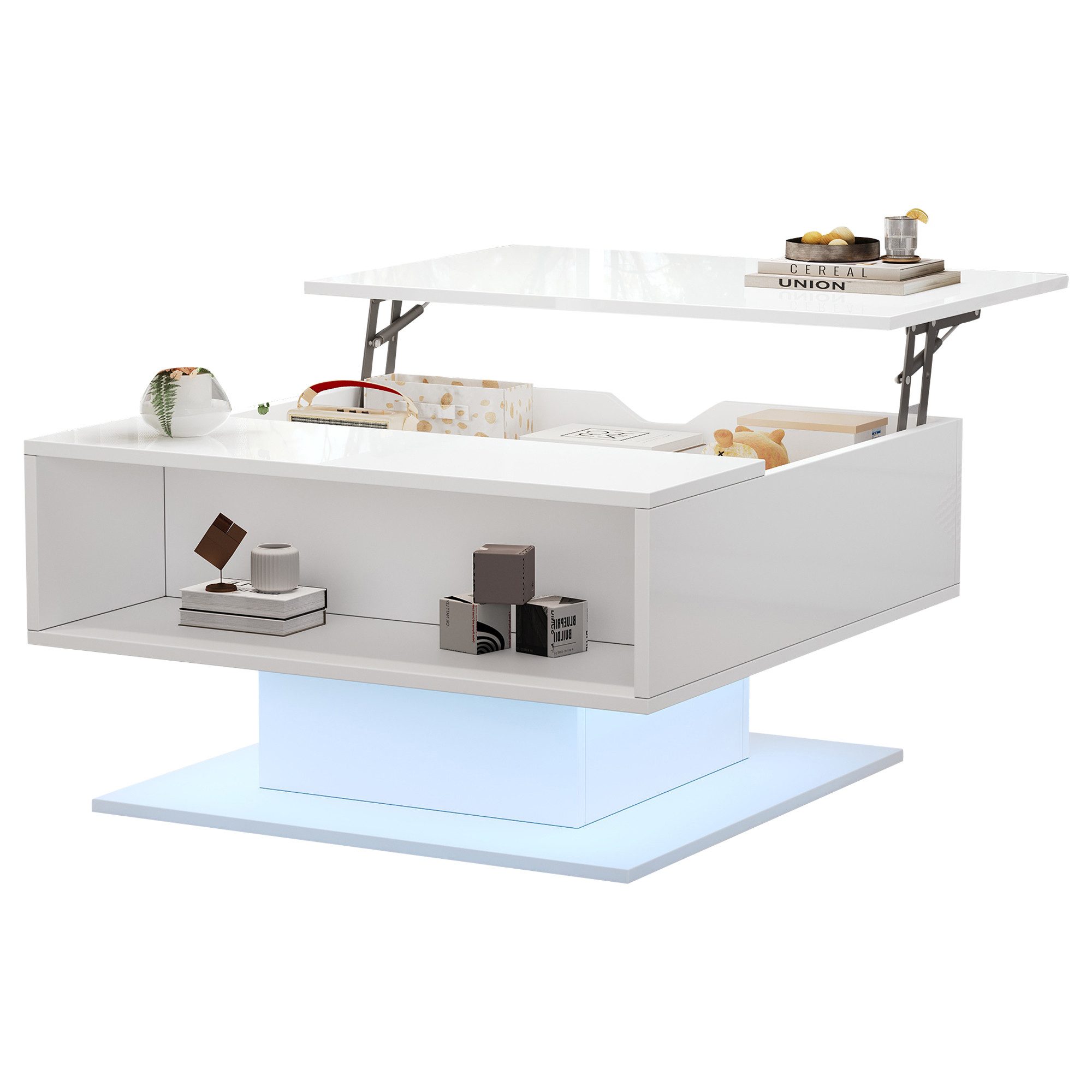 Merax Couchtisch hochglanz Sofatisch anhebbarer Beistelltisch mit LED-Beleuchtung (1-St., 80x75x40 cm), Wohnzimmertisch mit verstecktem Stauraum & halboffenem Regal