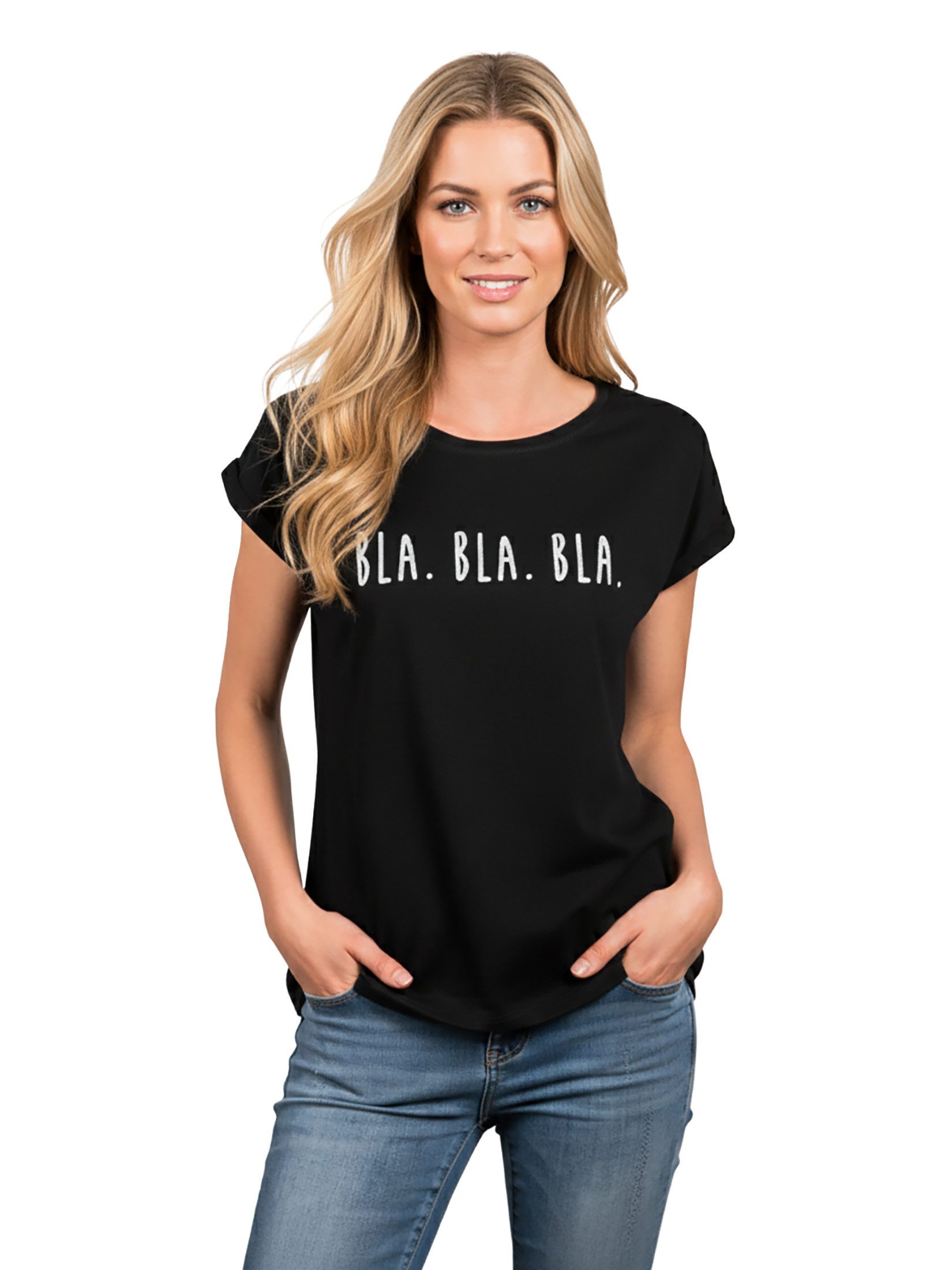 MAKAYA Print-Shirt Damen Kurzarm Basic Sommer Oberteile Sexy Elegant Lustig Spruch Bla (Schriftzug, Schwarz, Blau, Grau) Baumwolle