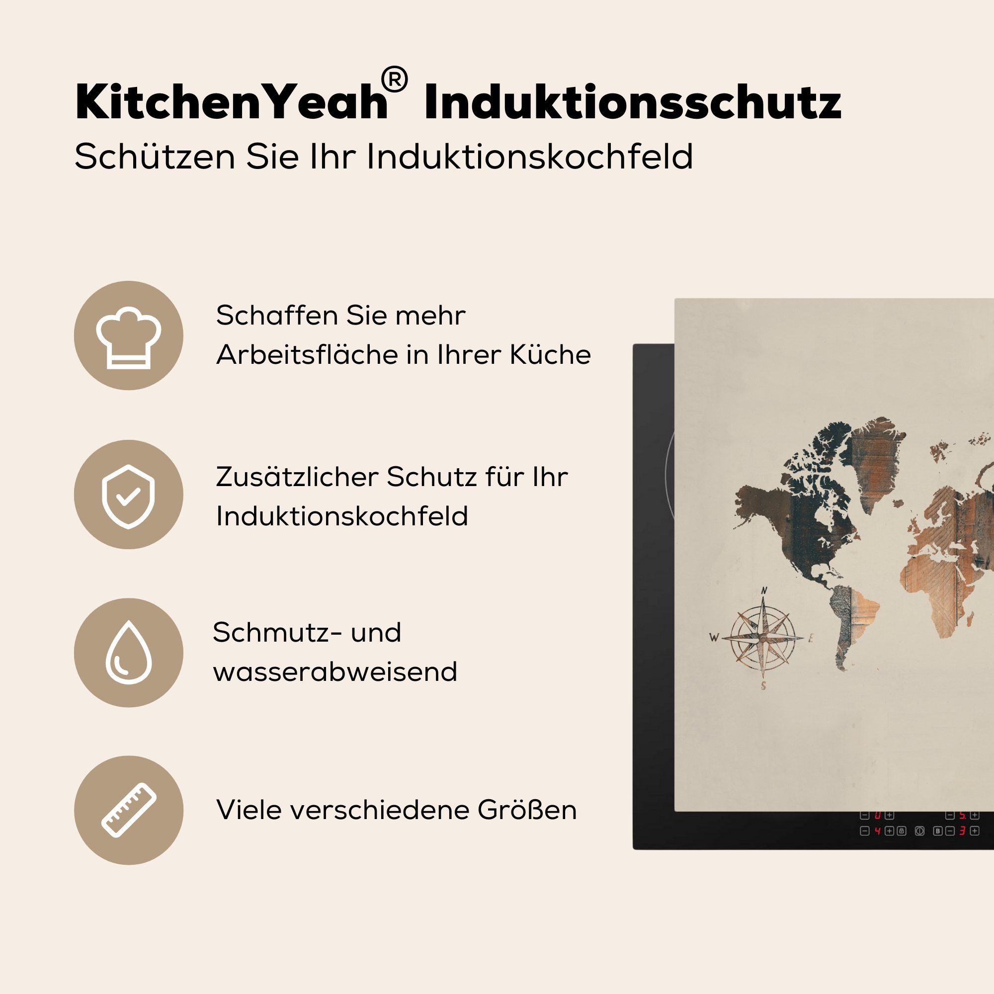 küche Herdblende-/Abdeckplatte (1 - Holz Kompass, Vinyl, für Arbeitsplatte MuchoWow Weltkarte - cm, Ceranfeldabdeckung, 78x78 tlg),