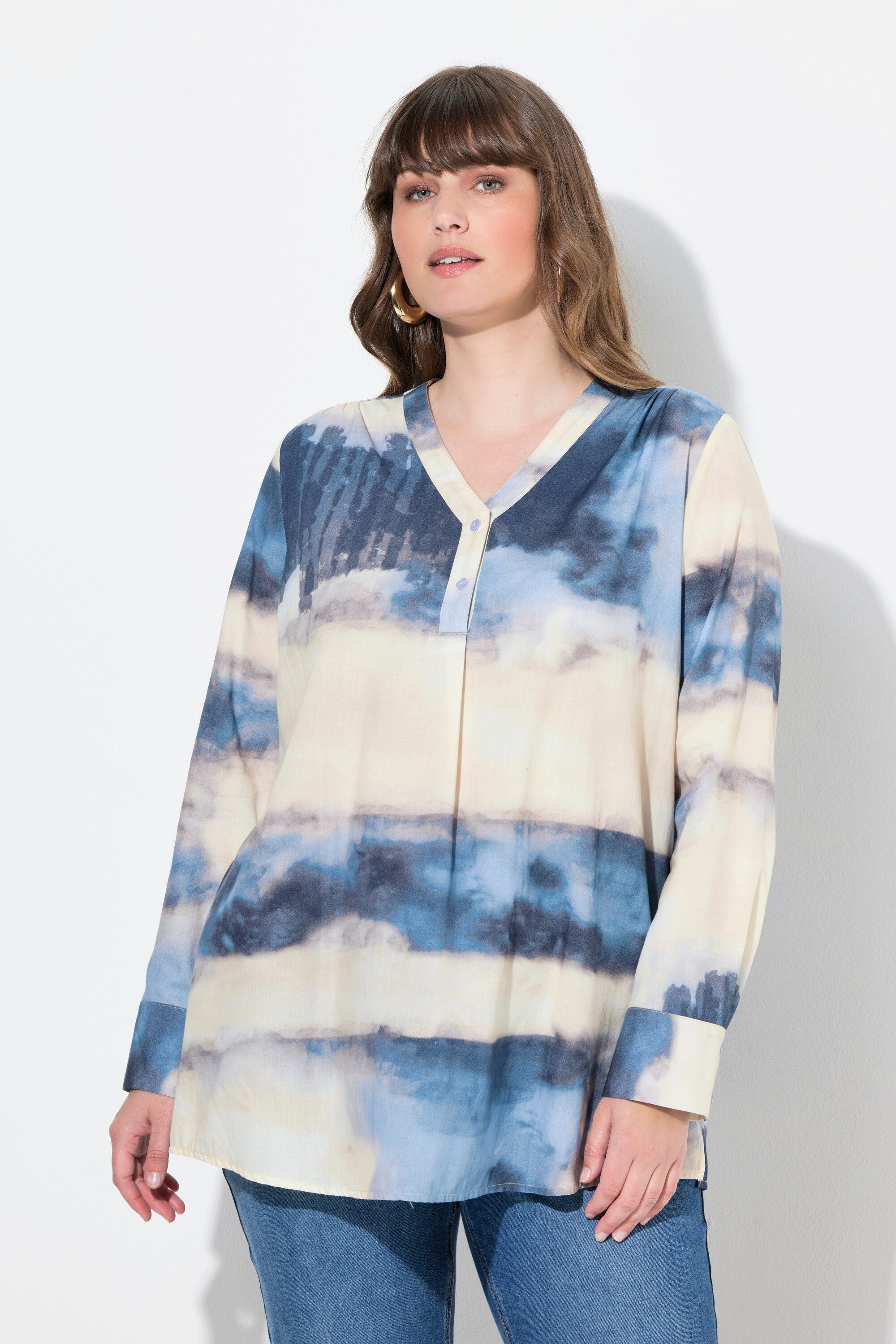 Ulla Popken Tunika Tunika Batikoptik V-Ausschnitt Langarm günstig online kaufen