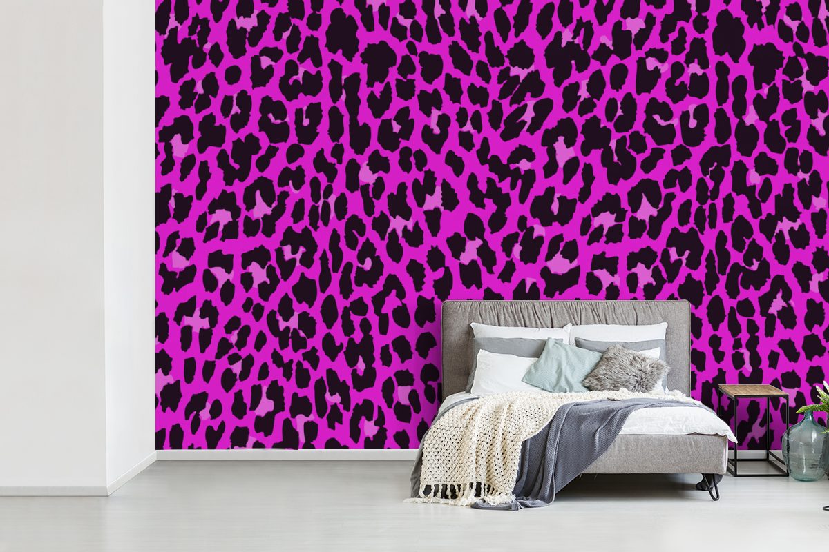 - (6 St), bedruckt, Leopard für Rosa Fototapete Tiere, Matt, Schlafzimmer, MuchoWow - Vinyl Wallpaper Wohnzimmer, Tapete Kinderzimmer,