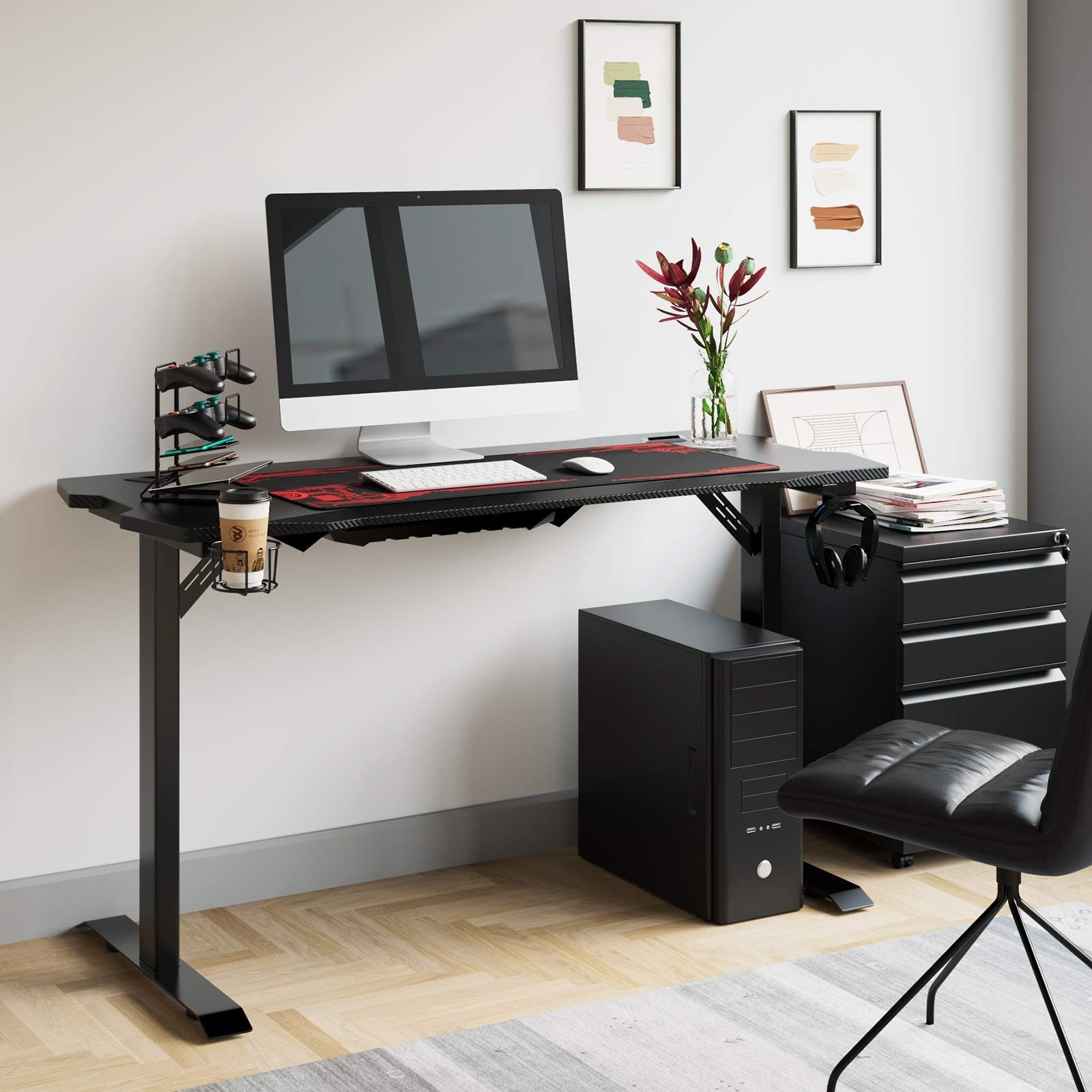 Homfa Gamingtisch, Computertisch, 140cm Schreibtisch, mit Gamer schwarz, Mauspad Tisch