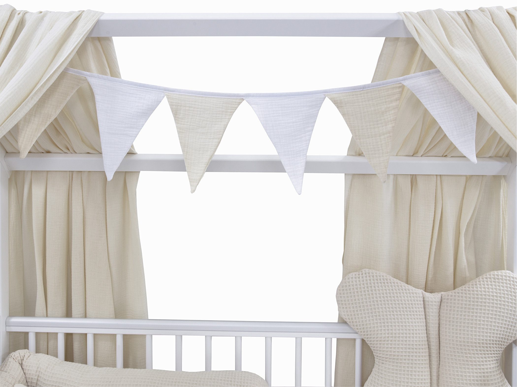 Baby-Delux Komplettbett Hausbett Babybett Komplettset Waffelpique Musselin, 12-tlg., Kinderbett 60x120 cm weiß, Bettset verschiedene Designs