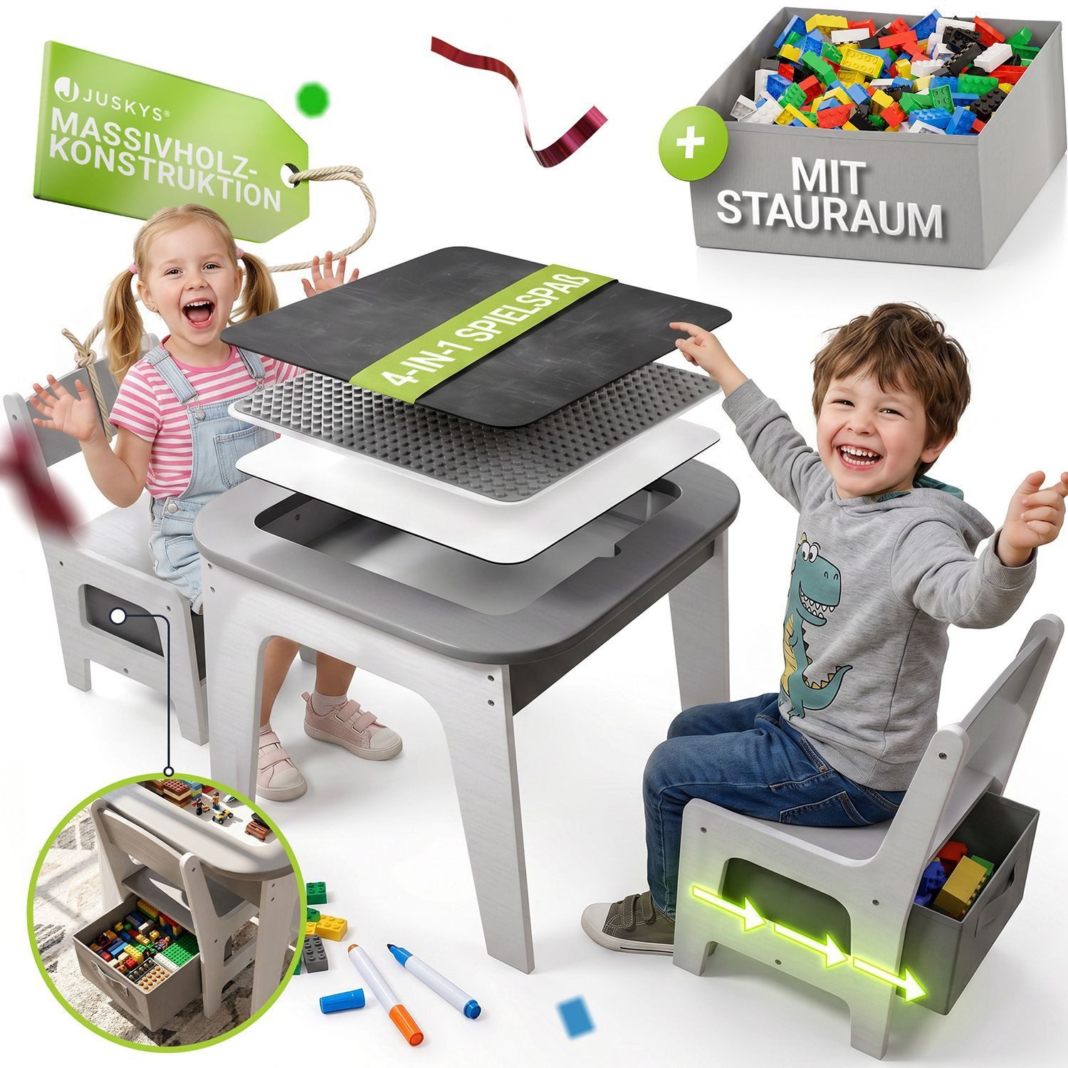 Juskys Kindersitzgruppe Milou, Set mit 2 Stühlen & 1 Tisch, Holz Spieltisch, Stauraum & Wendeplatten