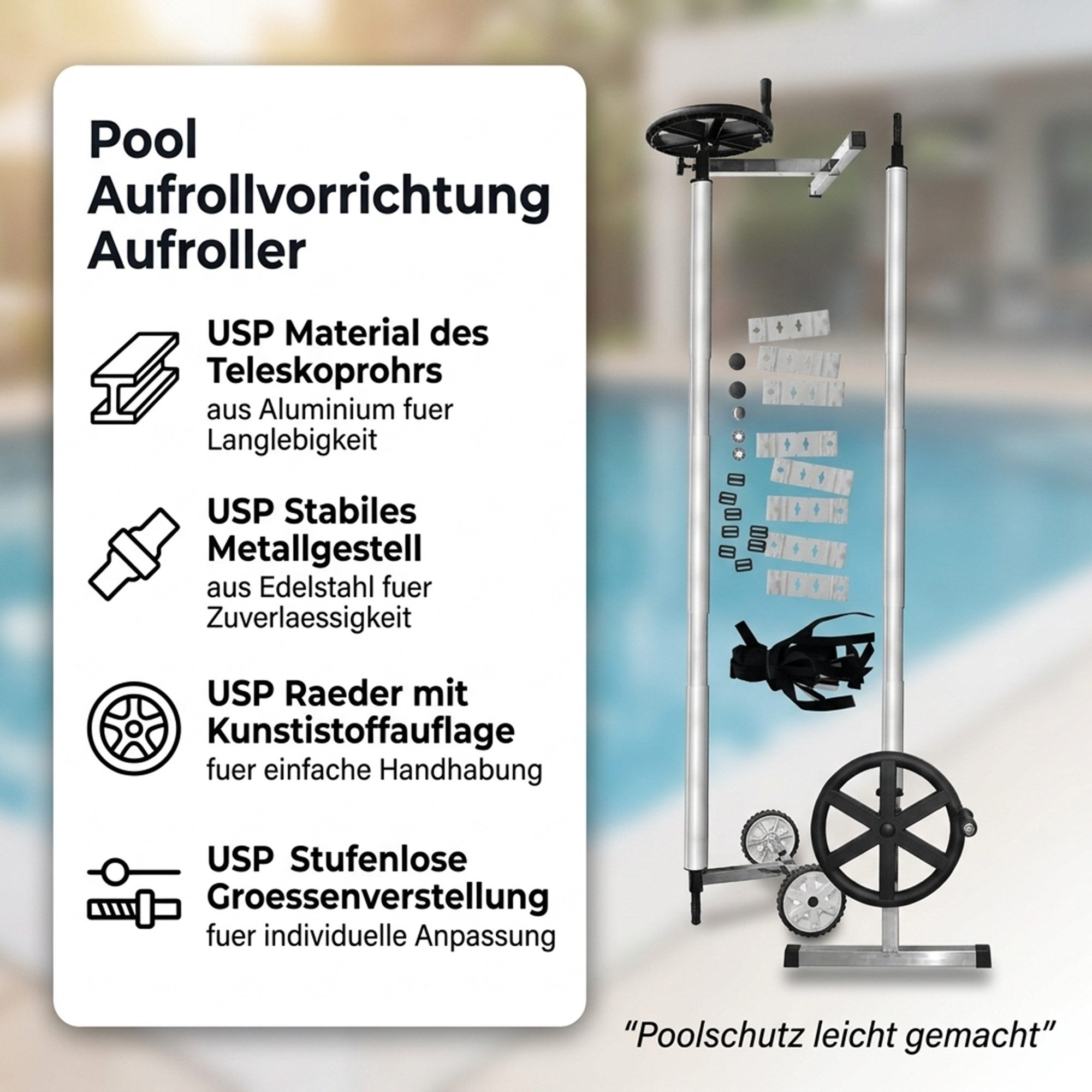 Mucola Poolverdeck Aufrollvorrichtung Pool Aufroller Solarfolie Plane Poolabdeckung Pool, (Stück, 1-St), Stufenlose Größenverstellung