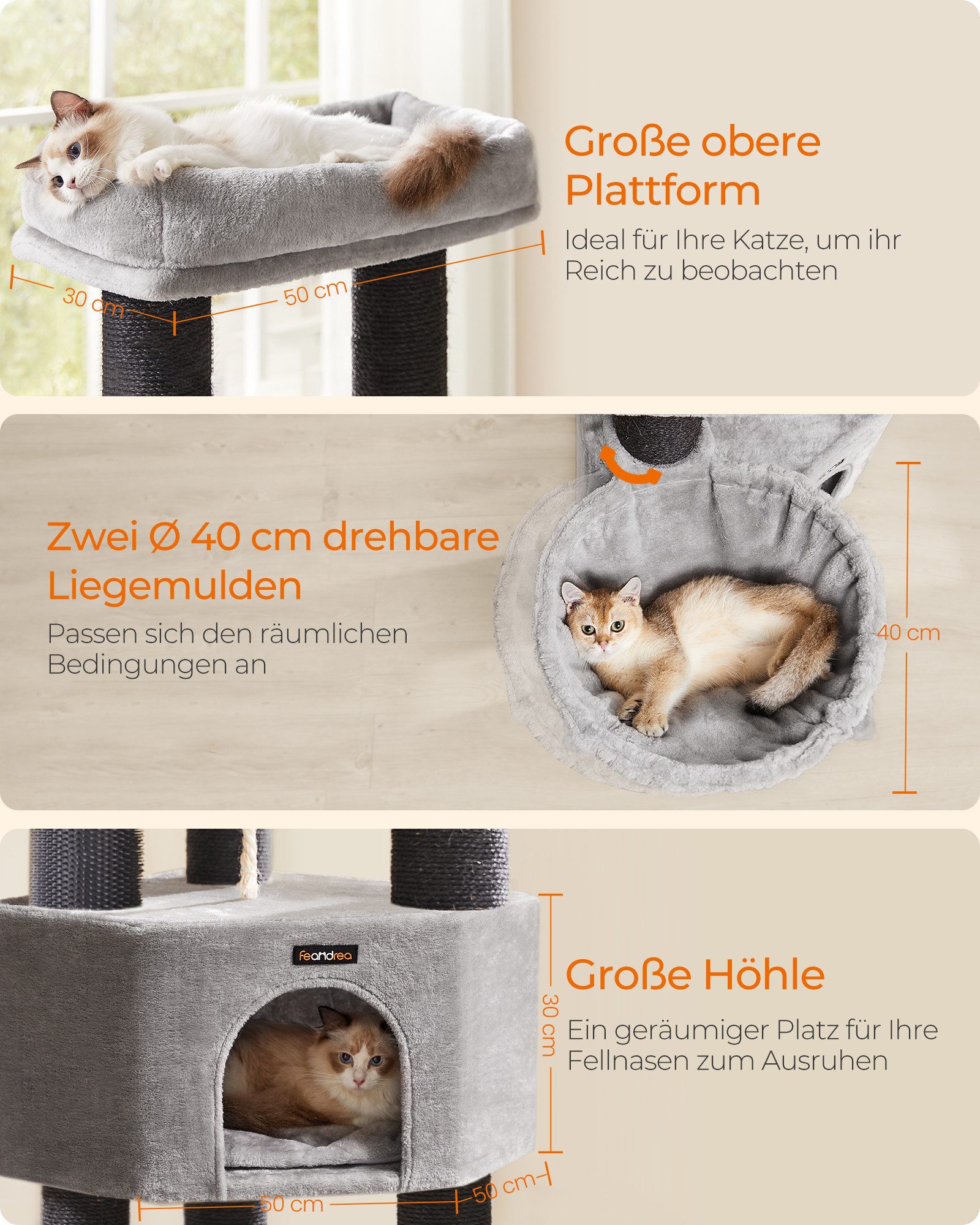 FEANDREA Kratzbaum 141 / 160/186 cm (H), Katzenbaum, für große katzen,11 cm dicken Säulen, stabil, Kippschutz