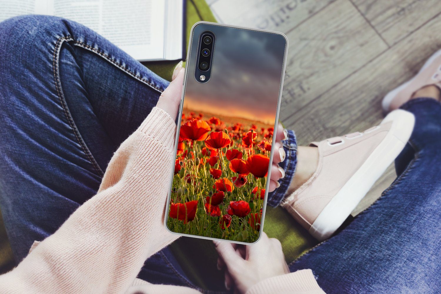 MuchoWow Handyhülle für Samsung Galaxy A30s Sonnenuntergang - Mohnblumen - Rot - Blumen -, Smartphone-Bumper, Print, Handy Schutzhülle Dünn