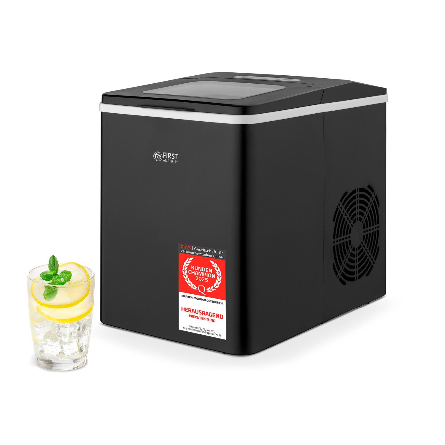 TZS FIRST AUSTRIA Eiswürfelmaschine 1,8L, 150W, Ice Cube Maker mit Kühlkompressor, 9 Eiswürfel in 7-9 Min, Würfel S/L, 12kg/24h Kapazität, abnehmbarer Korb, LED Display, 55 dB