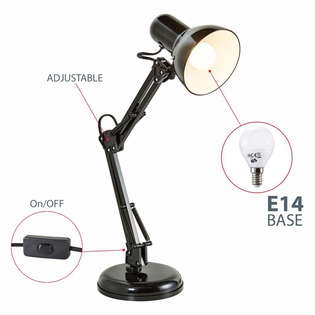 B.K.Licht Tischleuchte Leselampe Schwarz Retro Metall - BKL1080, ohne Leuchtmittel, max. 40W E14 Schreibtischlampe Nachttischleuchte